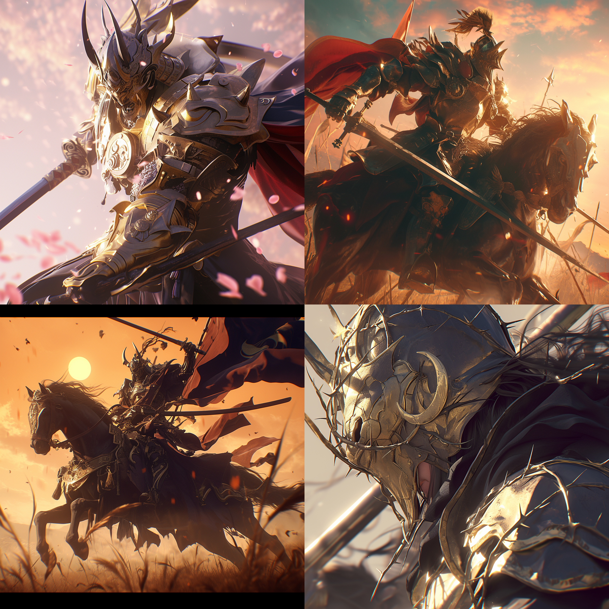 铁血战场，英姿煞爽的将军，坐骑战马，手持偃月刀，披荆斩棘！人物特写，背景梦幻，全局光效，虚幻引擎，32k，莱卡镜头，高对比度，动作决绝，金色调，壮丽。