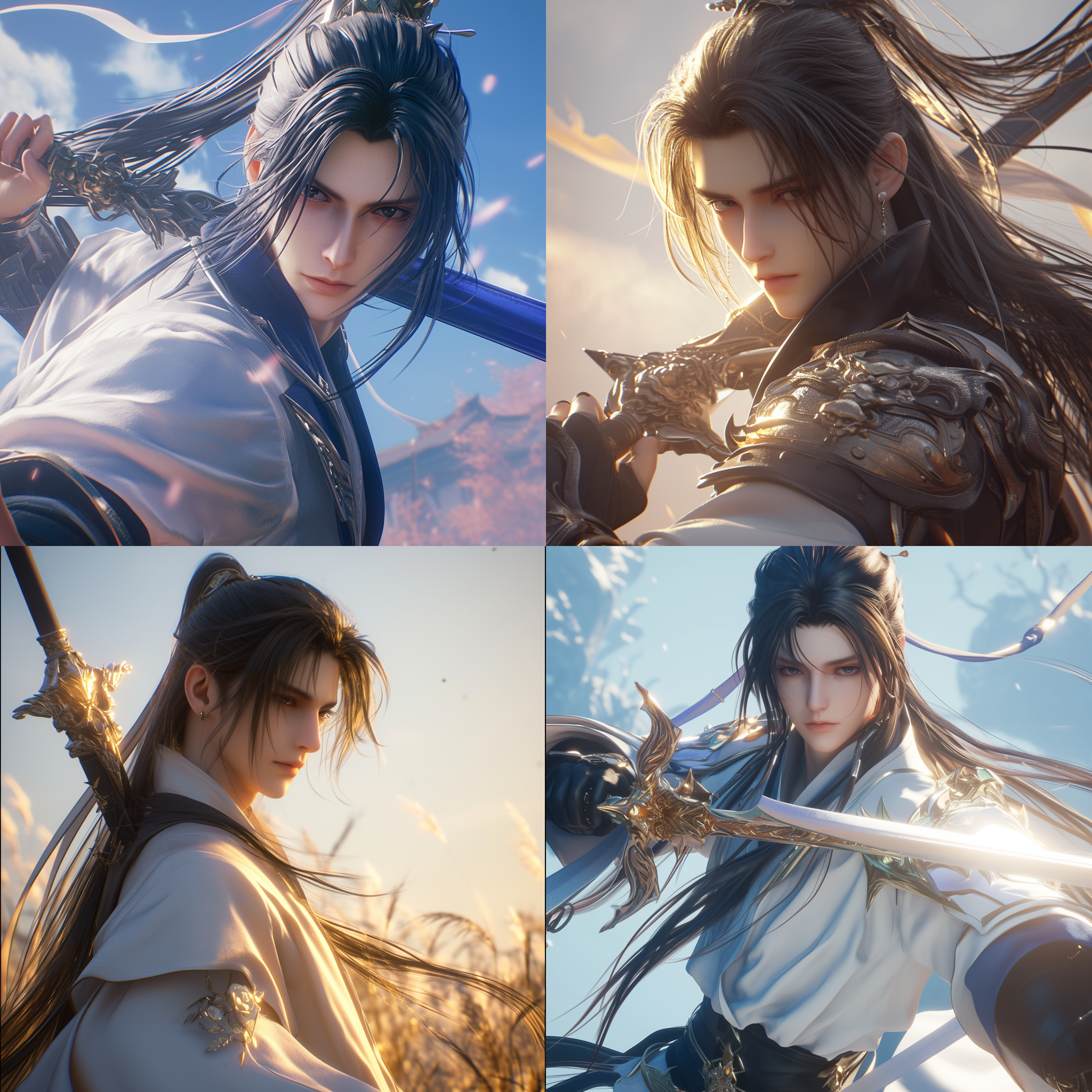 李逍遥御剑飞行，阳光下英俊潇洒。人物特写镜头，帅气逼人，虚幻引擎数字渲染，32k uhd，莱卡镜头捕捉到他风流倜傥的形象。