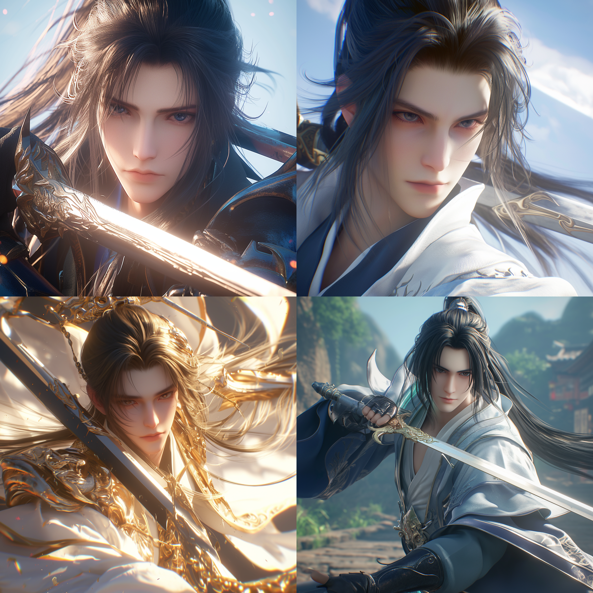 李逍遥御剑飞行，阳光下英俊潇洒。人物特写镜头，帅气逼人，虚幻引擎数字渲染，32k uhd，莱卡镜头捕捉到他风流倜傥的形象。