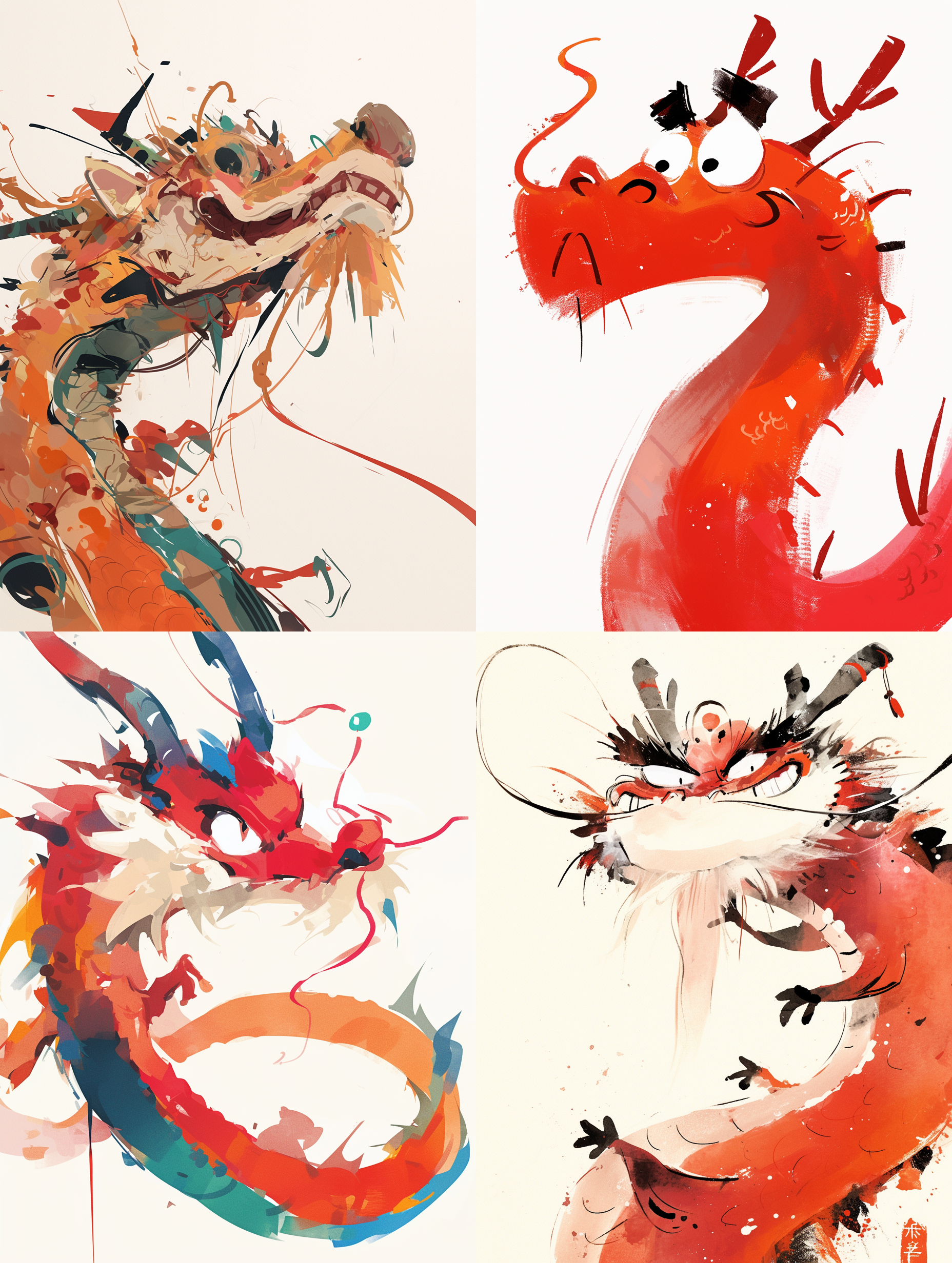 吴冠中绘制的，中国龙动画，非常可爱的龙，卡通，有趣又愚蠢，前视图，红色，特写头，水墨意境，抽象简单的线条，极简注意，毕加索，高级配色，白色背景，18k，插画风格
