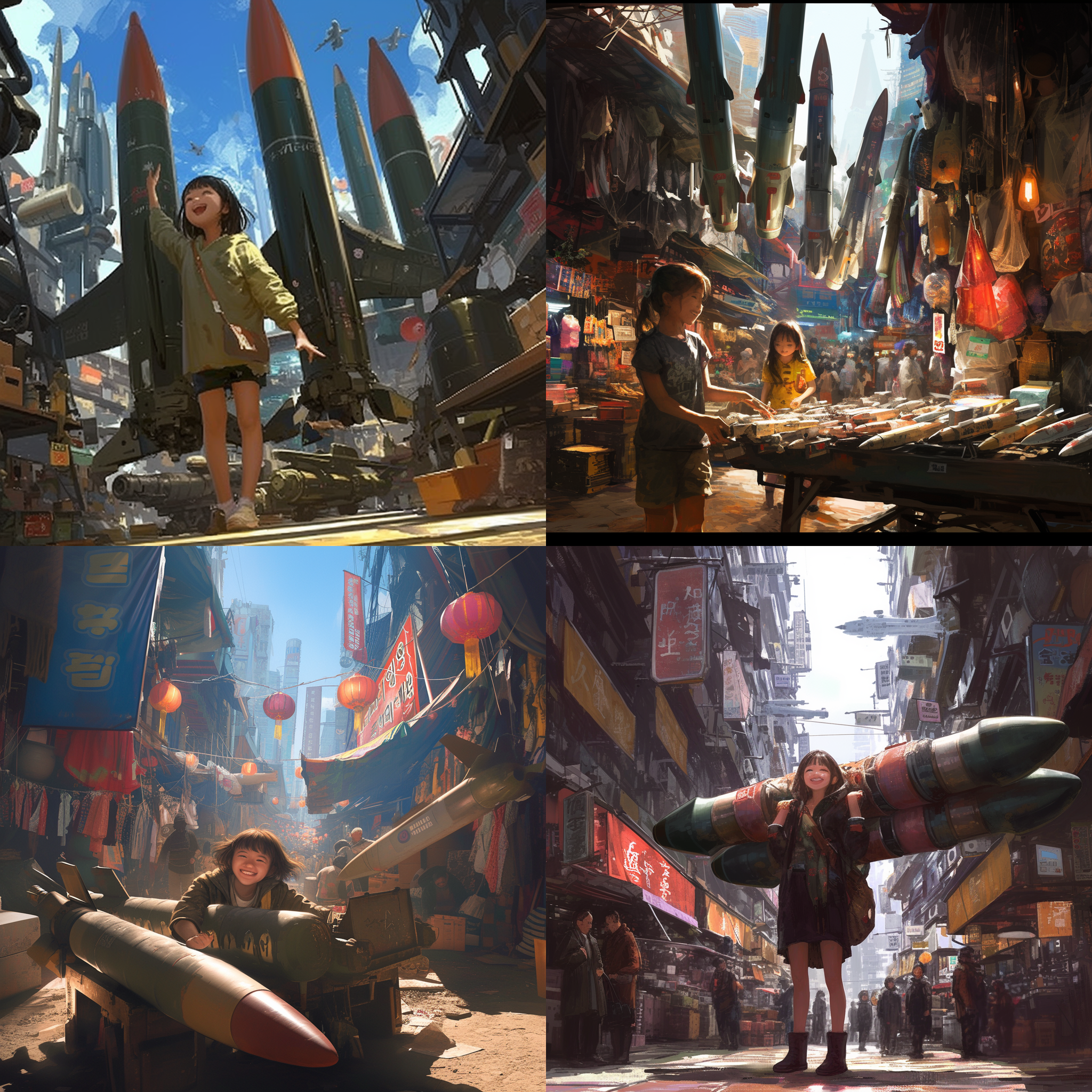 小女孩穿着破旧的衣服，站在一个拥挤的市场中心，她面前摆放着各种各样的导弹模型。她微笑着向路过的人们兜售着这些模型，而背后则是高楼大厦和霓虹灯的灯光。镜头使用广角镜头，强调小女孩与导弹模型之间的对比。市场的喧嚣与小女孩的微笑之间交织出一种深刻的情感。卖导弹的小女孩，广角镜头，霓虹灯，破旧衣服，市场，喧嚣，微笑，对比，情感。