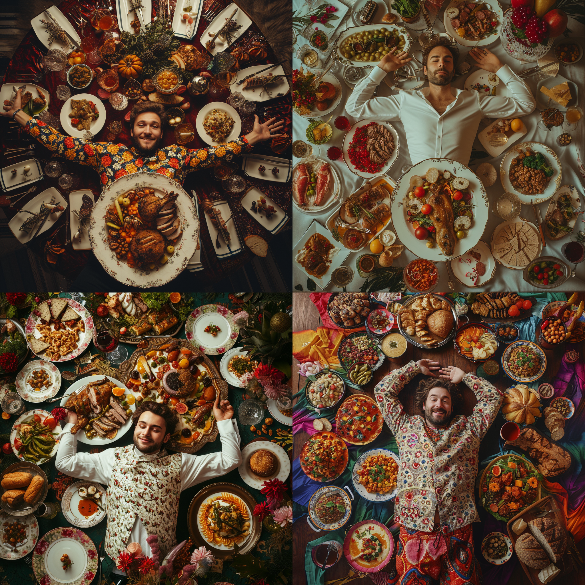 男人躺在大盘子里，面向镜头微笑。敞开的上衣，全身照。喜庆的宴席，餐桌上摆满了食物。极致的细节，超现实主义，电影质感，真实风格，珠光宝气，鲜艳色调，幽默。