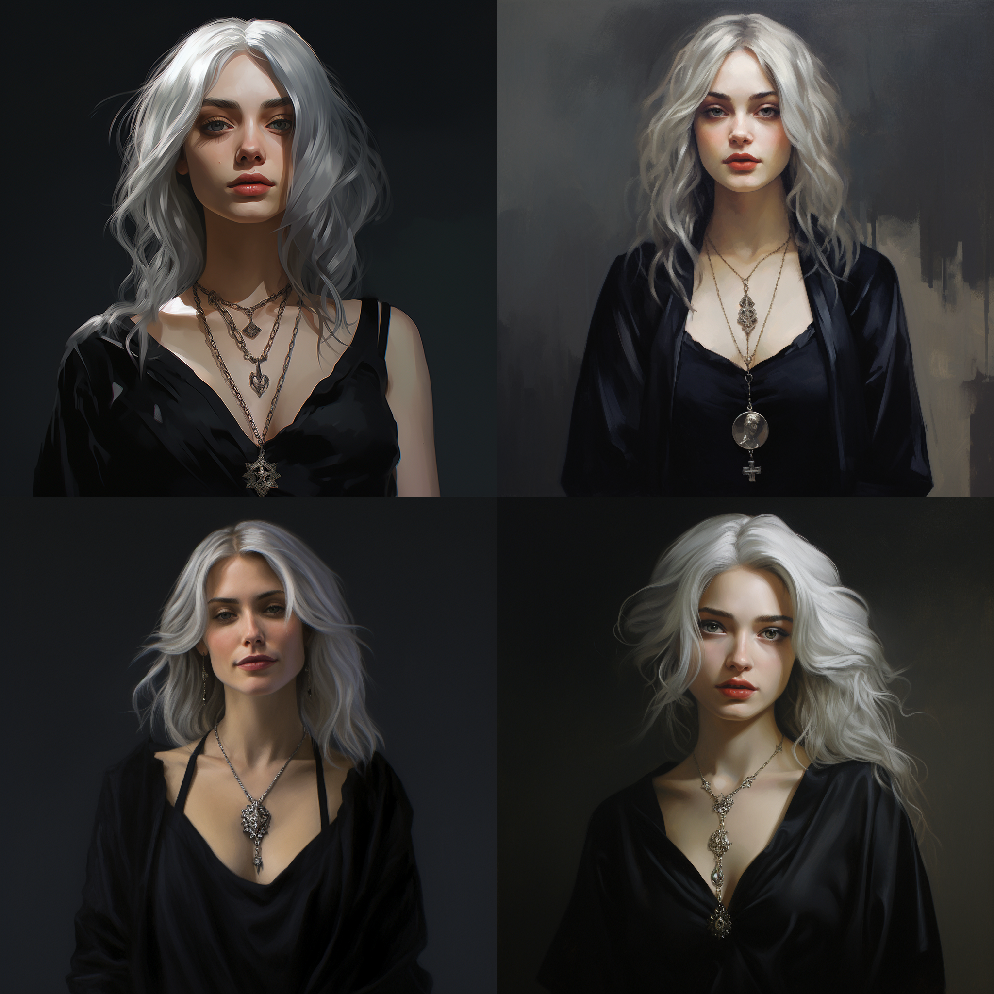 一个美丽的少女，银色的柔软长发披在肩后，大眼睛里藏着不屑，红唇，微微仰着头，穿着黑色长裙，脖子上戴着一个较短的银色无吊坠项链和一个到胸口的银质十字架项链，半身像，逼真细节