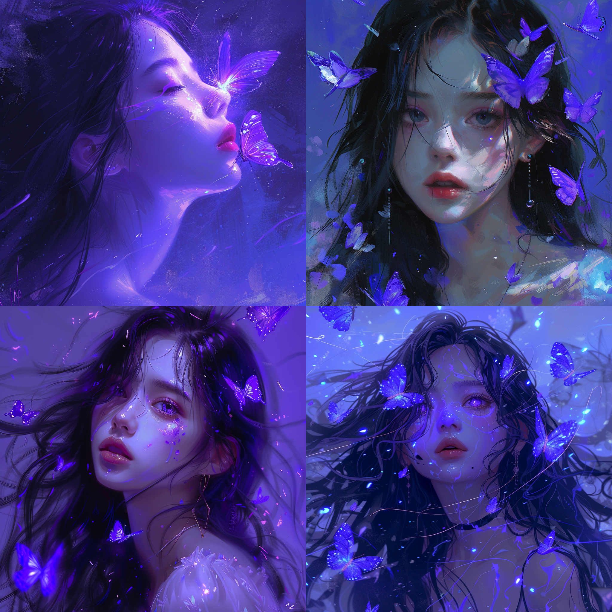 简笔画，线条杂乱，线条，手绘，手绘感，有缺陷，一个女孩，紫色蝴蝶拟人，solo，闪闪发光的画面，闪亮的黑色长发，五官高光，化妆，红唇，像银河般亮晶晶的眼睛，蝴蝶散发着蓝色的荧光，少女就像蝴蝶仙子一般，紫色打光，最高画质，最佳杰作，最高画质，高分辨率