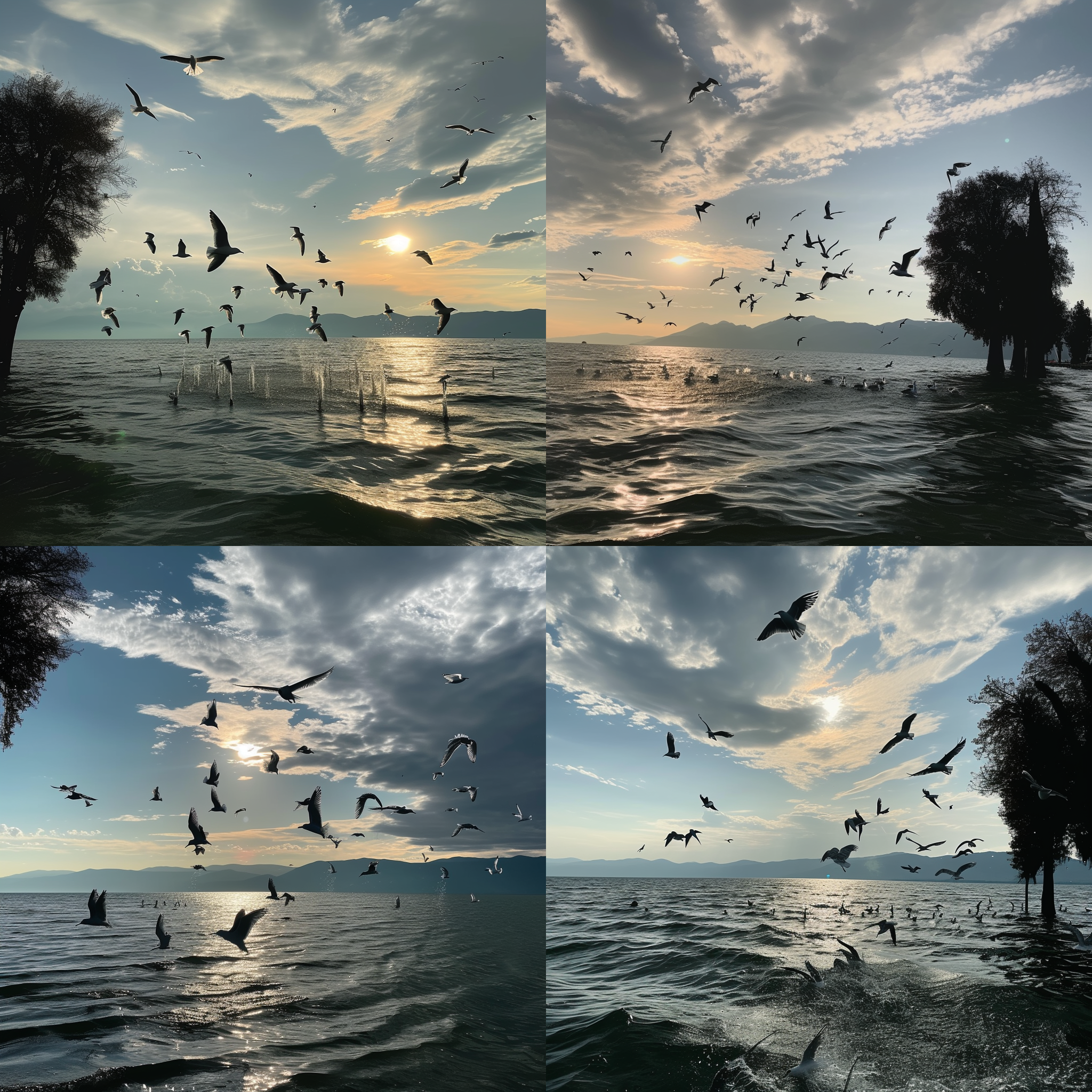 prompt. 许多鸟飞过水和山脉，记录片风格，32k uhd，samyang 14mm f2.8 if ed umc非球面，海边景观，引人入胜的记录片照片，阳光，8k超高清。