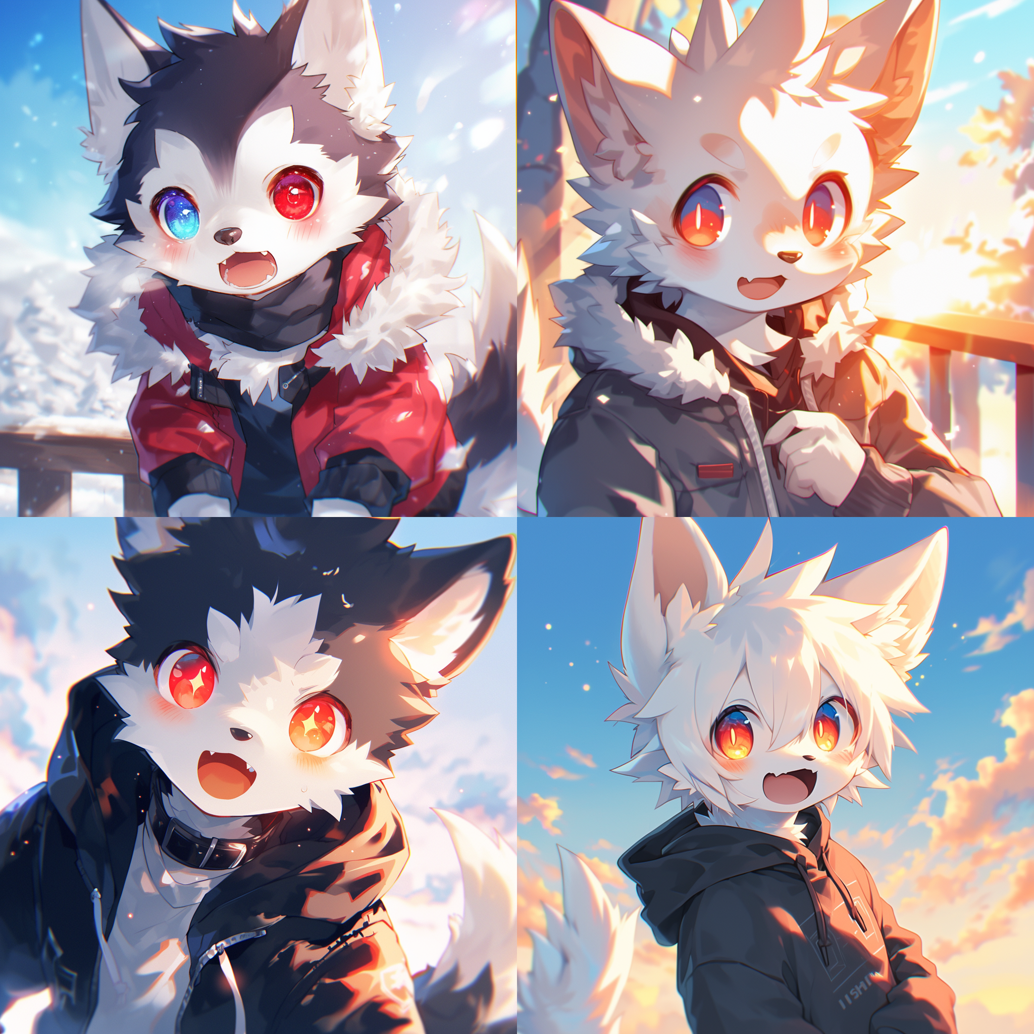 prompt. 哈士奇男孩，水汪汪大眼，发红光眼睛，白瞳，张嘴，好奇，白色狗耳朵，白发，黑色狗尾巴，毛茸茸，软乎乎，可爱，小小的一只，户外，逆光，中焦镜头，自然光，亲近，快乐，温暖。