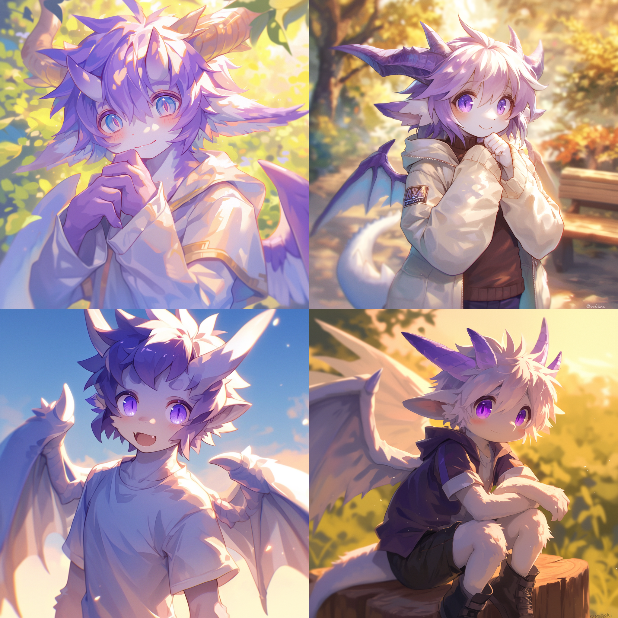 prompt. 紫瞳龙男孩，水汪汪大眼，紫光眼睛，张嘴好奇，白色的龙角，紫色的头发，毛茸茸可爱，户外逆光，中焦镜头，自然光，亲近快乐，温暖。