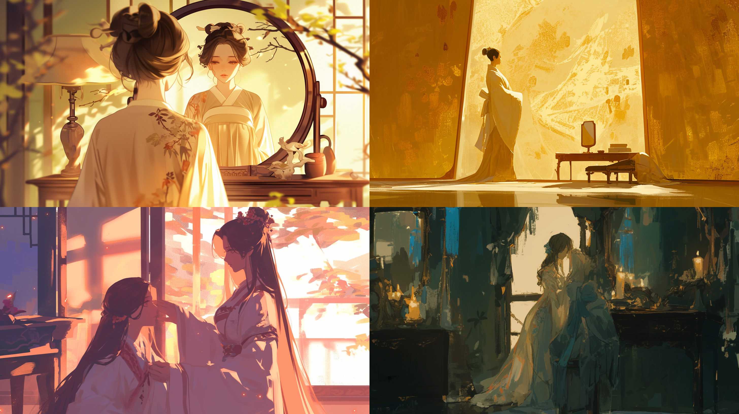 prompt. 汉服婆婆高高在上，女子身着高贵汉服坐在镜前，古色古香，华丽细节，传统风格，肖像模式，柔和光线，端庄表情，金黄色调，静谧。