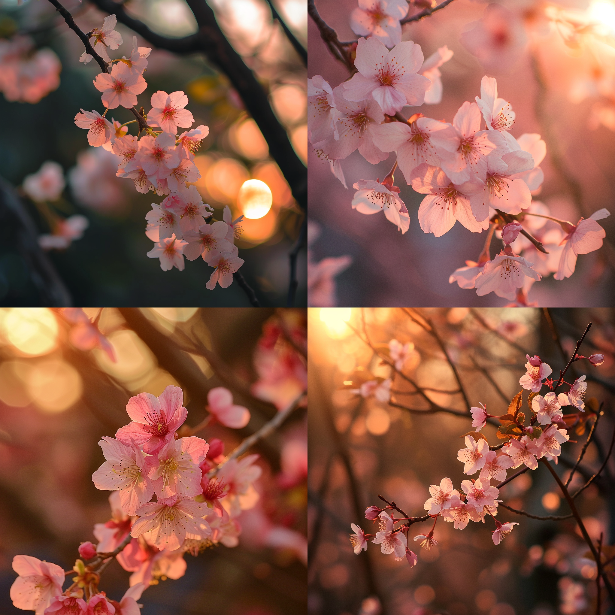 prompt. 樱花盛开，日落余晖，清晰细节，树林中，粉色花瓣，长焦镜头，柔和侧光，静态，优雅。