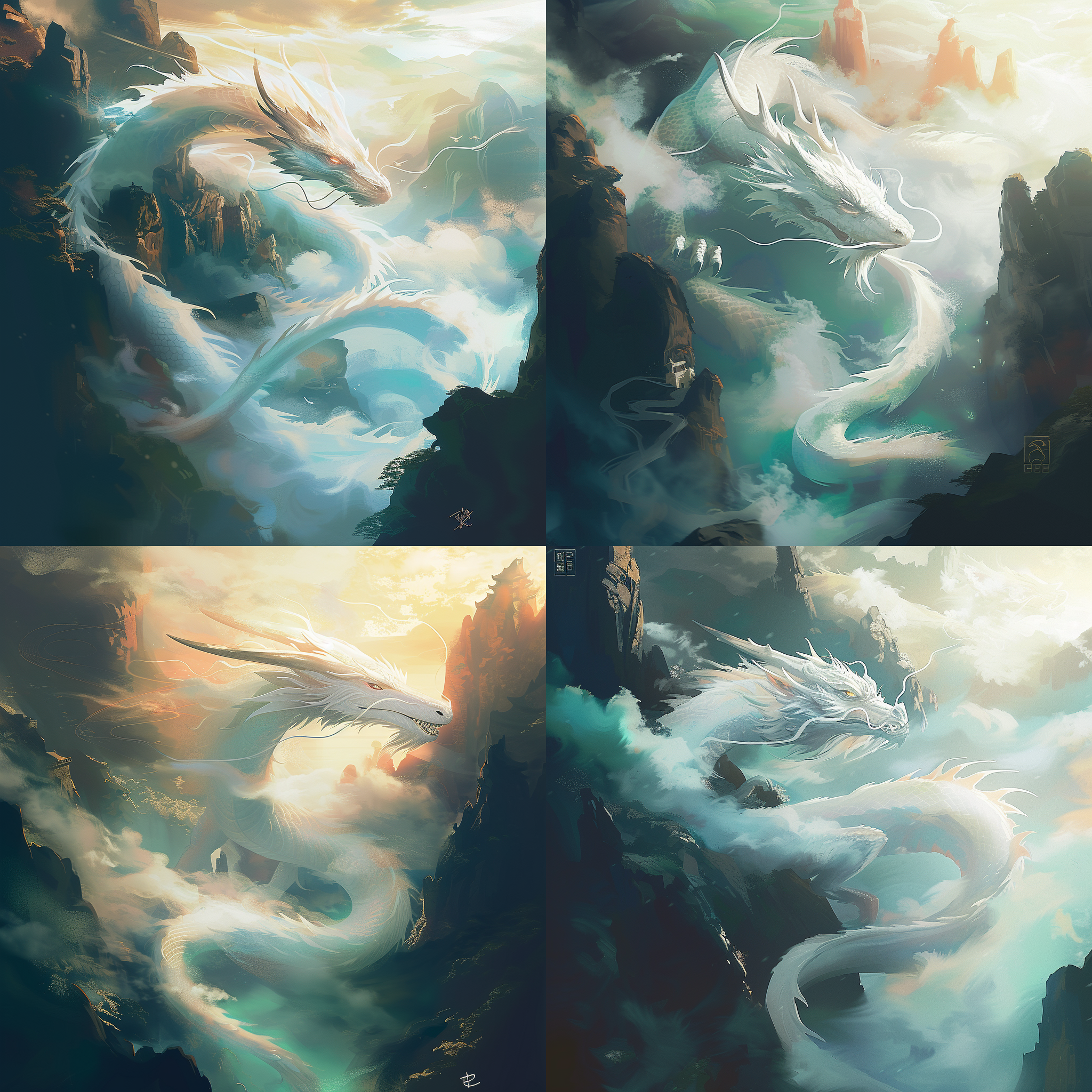 烟雾缭绕的龙，眼神锐利，环境昏暗，光线朦胧，镜头焦距长，细节突出，动作凌厉，气势磅礴，色调冷静，神秘。