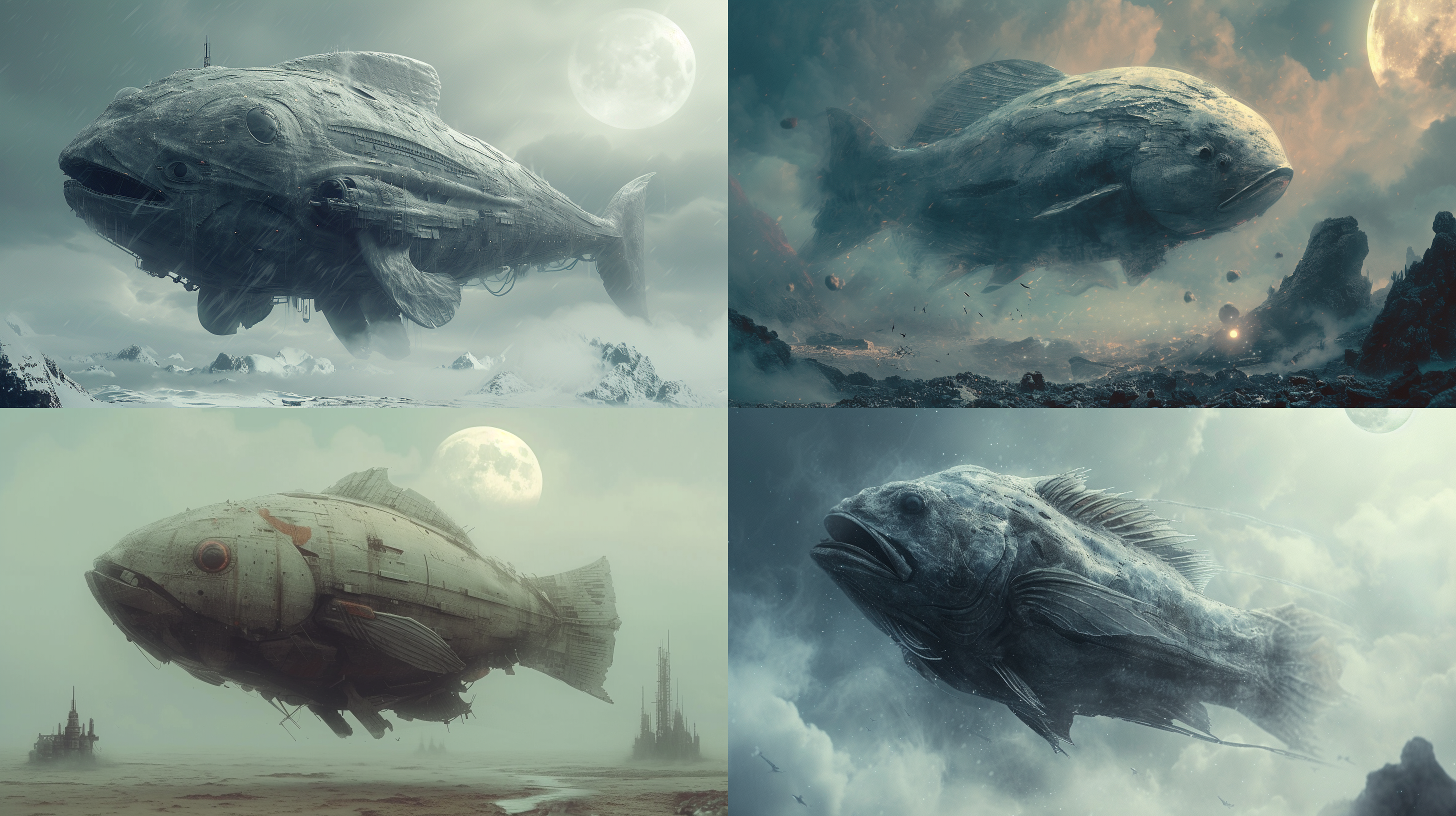 巨大赛博鱼在空中，正面构图，8k分辨率，电影质感，灰色调，月球，虚幻场景，未来主义情绪，震撼色彩。