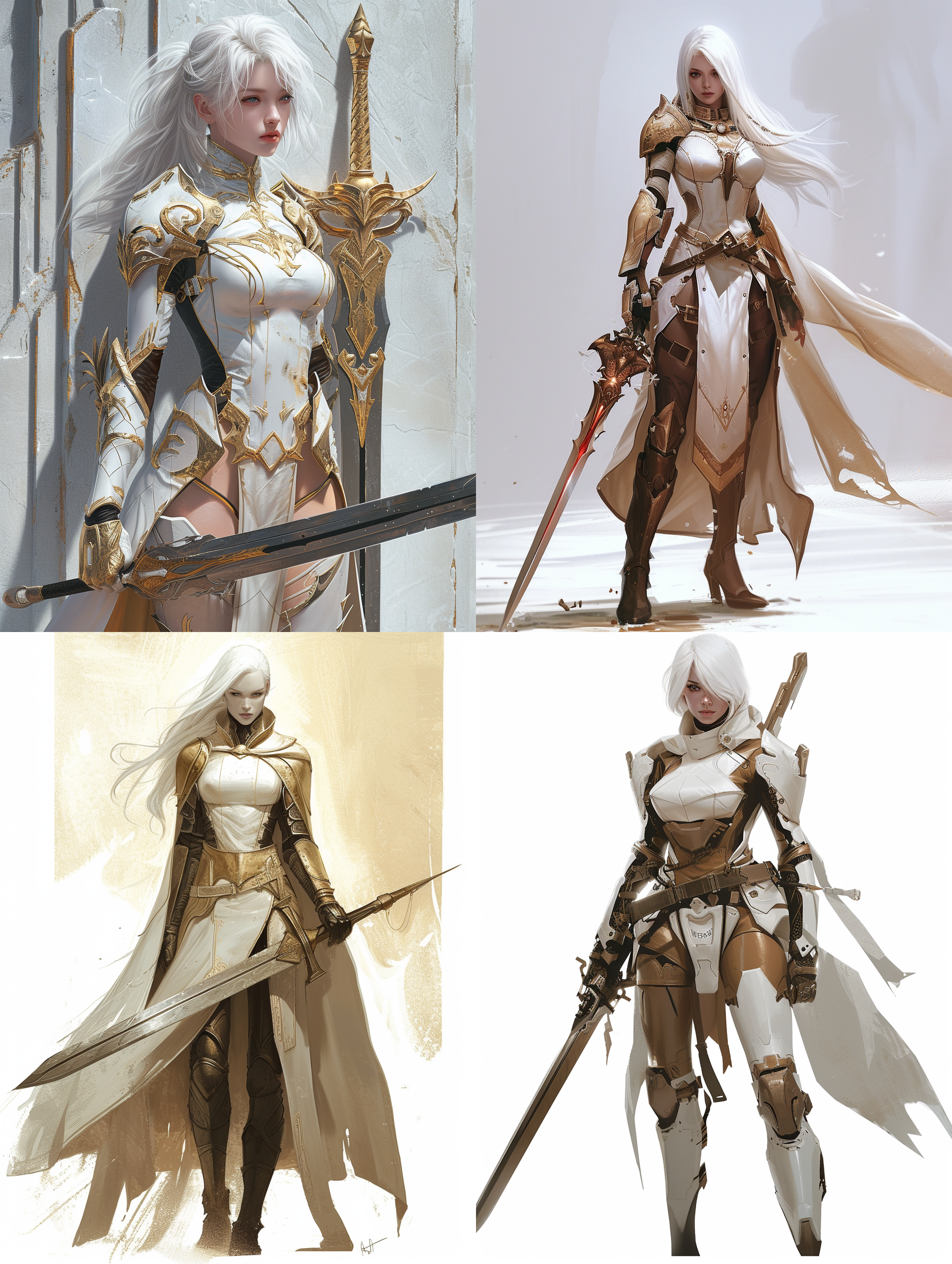 一位白发持剑女士，深金色和浅米色的风格，未来主义设计，白色和棕色，精致的服装，浅青铜色和黑色