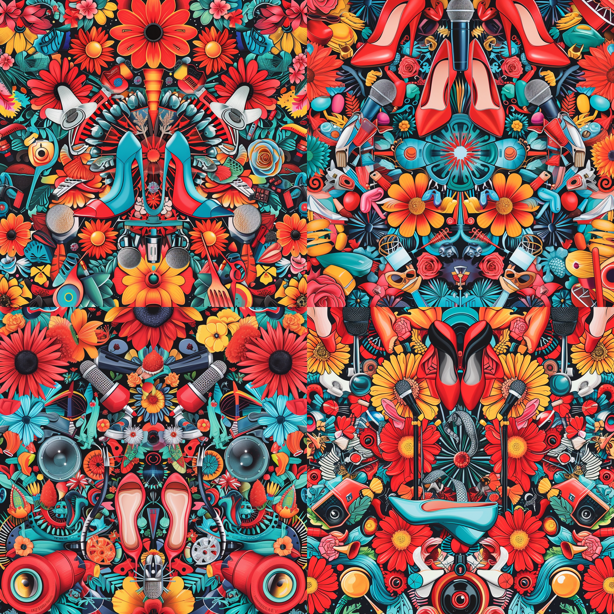 奇幻风格，背景图是从万花筒中看到的世界，有非常多的高跟鞋，话筒，花，购物车，搞怪的