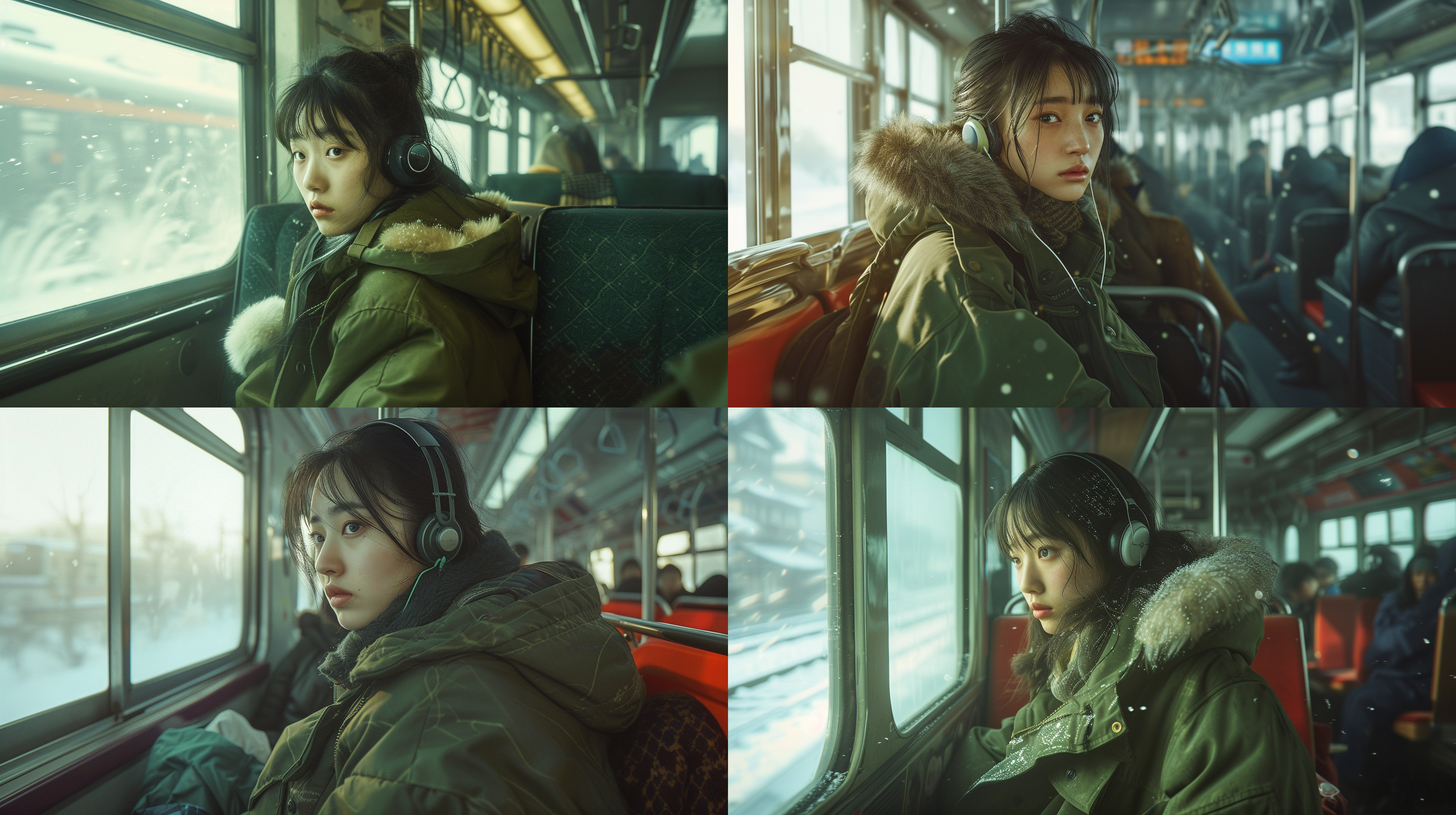 prompt. 中国熊猫农民工，绿色军大衣，防冻耳套，火车座位，过年返乡，老式车厢，富士相机，真实效果，穿搭细节，拥挤窗外列车，清晰细节，暖色调，侧光，情感丰富。