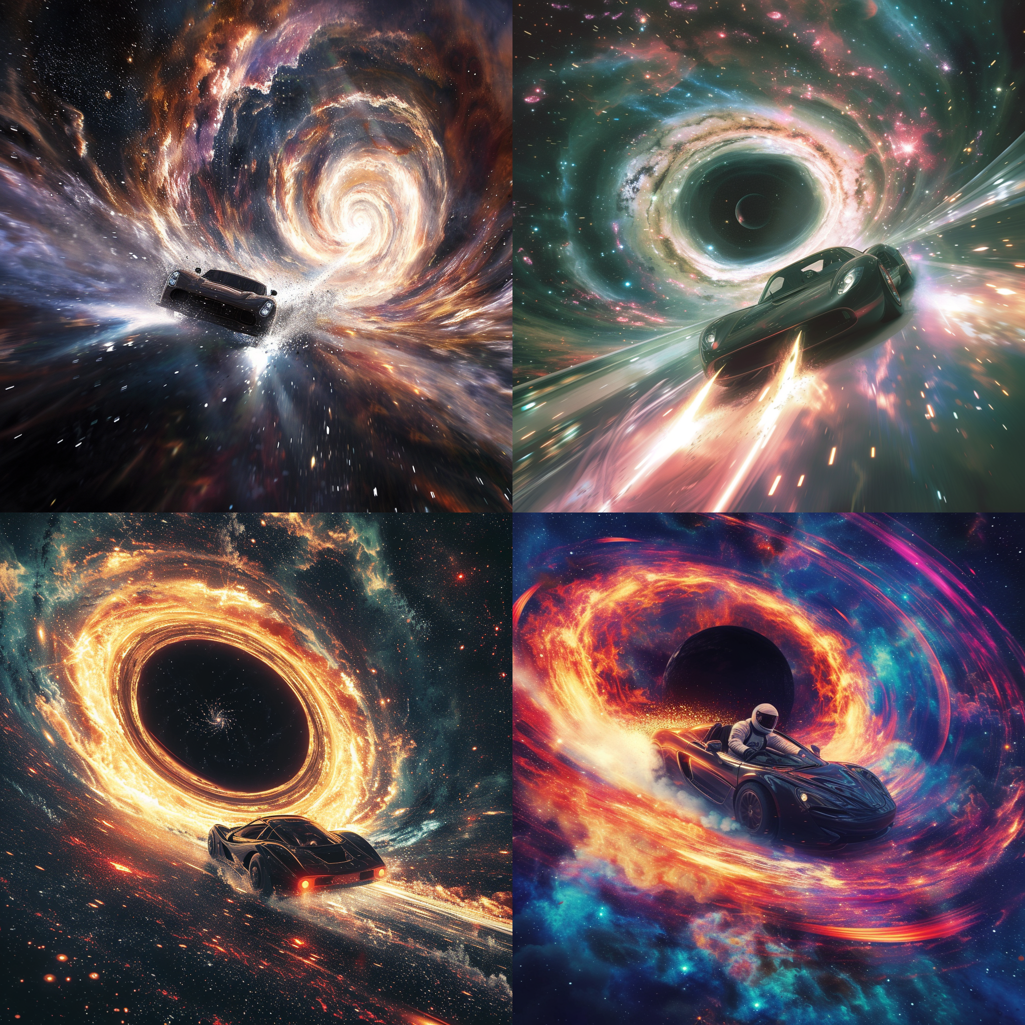 开车，目的，宇宙，多维世界。一辆超级跑车在宇宙中穿梭，周围是壮观的星云和星系，车头上方是一个巨大的旋转黑洞。车身闪耀着未知的能量，驾驶员身着太空服，面无表情地操控着方向盘。光线透过星光和黑洞的引力弯曲，营造出神秘而震撼的氛围。高速运动，未知的前方，冒险与无限可能。星云，超级跑车，黑洞，宇宙，未知，冒险，震撼，神秘。