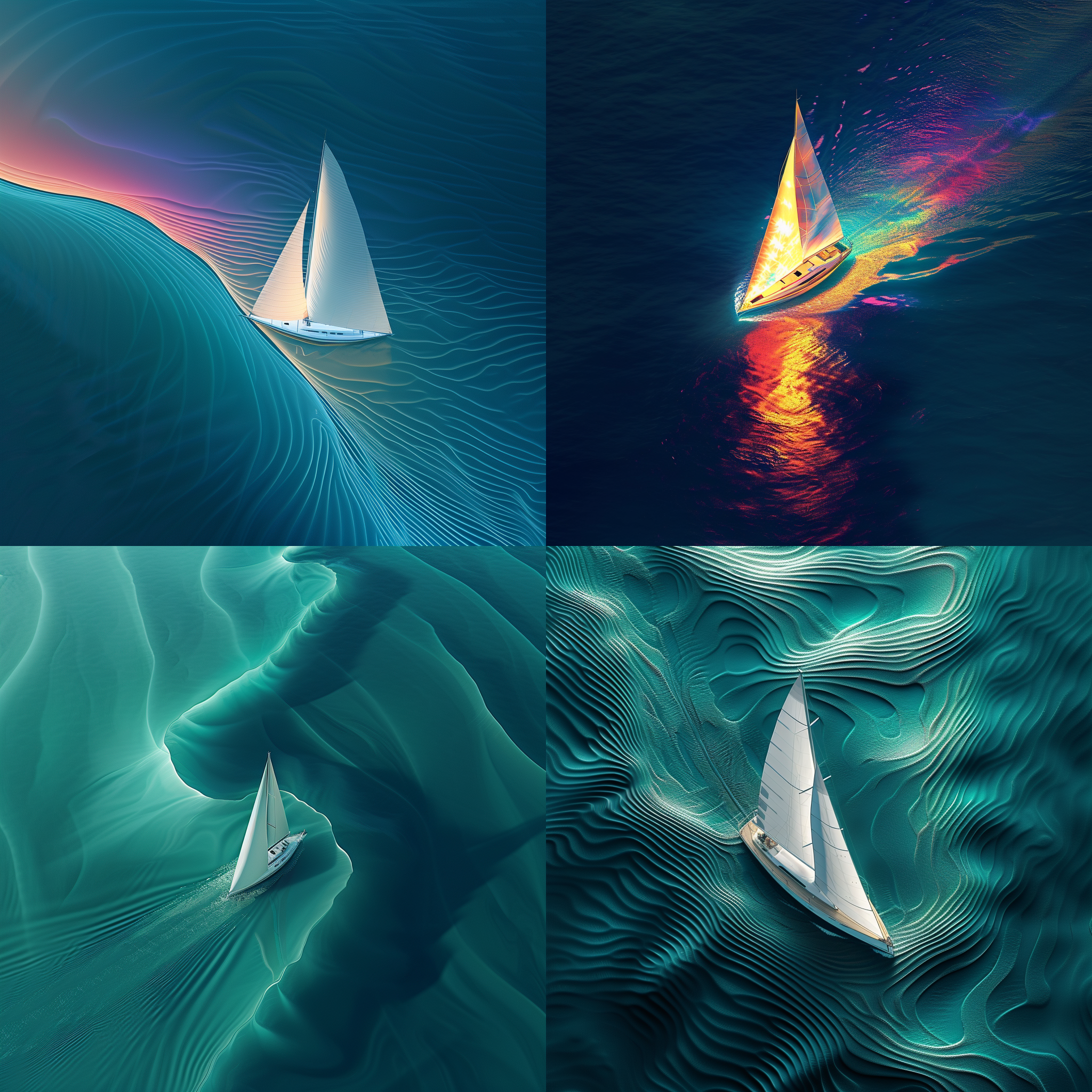极简主义和超现实主义插图，鸟瞰图，俯视图，nick veasey，一艘精致的帆船在湖面上航行，带有荧光勺漂移，光线追踪，眩光照明，曲线连接流畅，干刷风格，impasto，荧光，颜色扩散的波纹，标记着色，版画风格，分层曲线，fujicolor superia x-tra 400，超详细，极简主义，超高清，16k