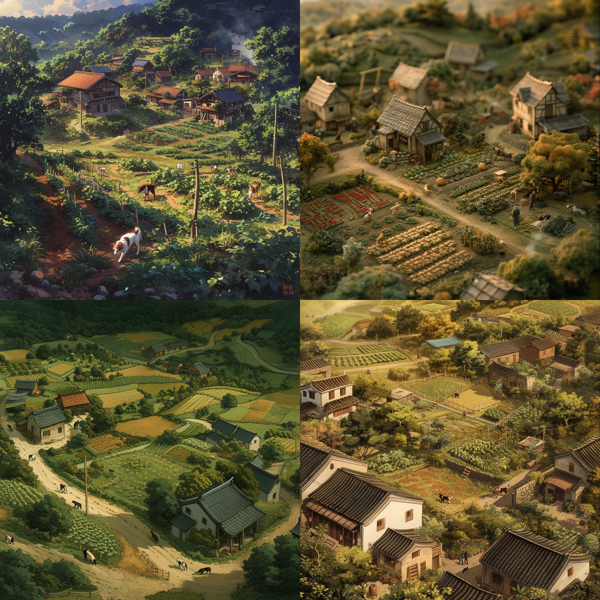 田园生活，农田里的狗，蔬菜丰收的村庄。画面采用鸟瞰角度，以农田为主体，狗在其中穿行。光线柔和，色调温暖，传达出宁静和丰收的氛围。