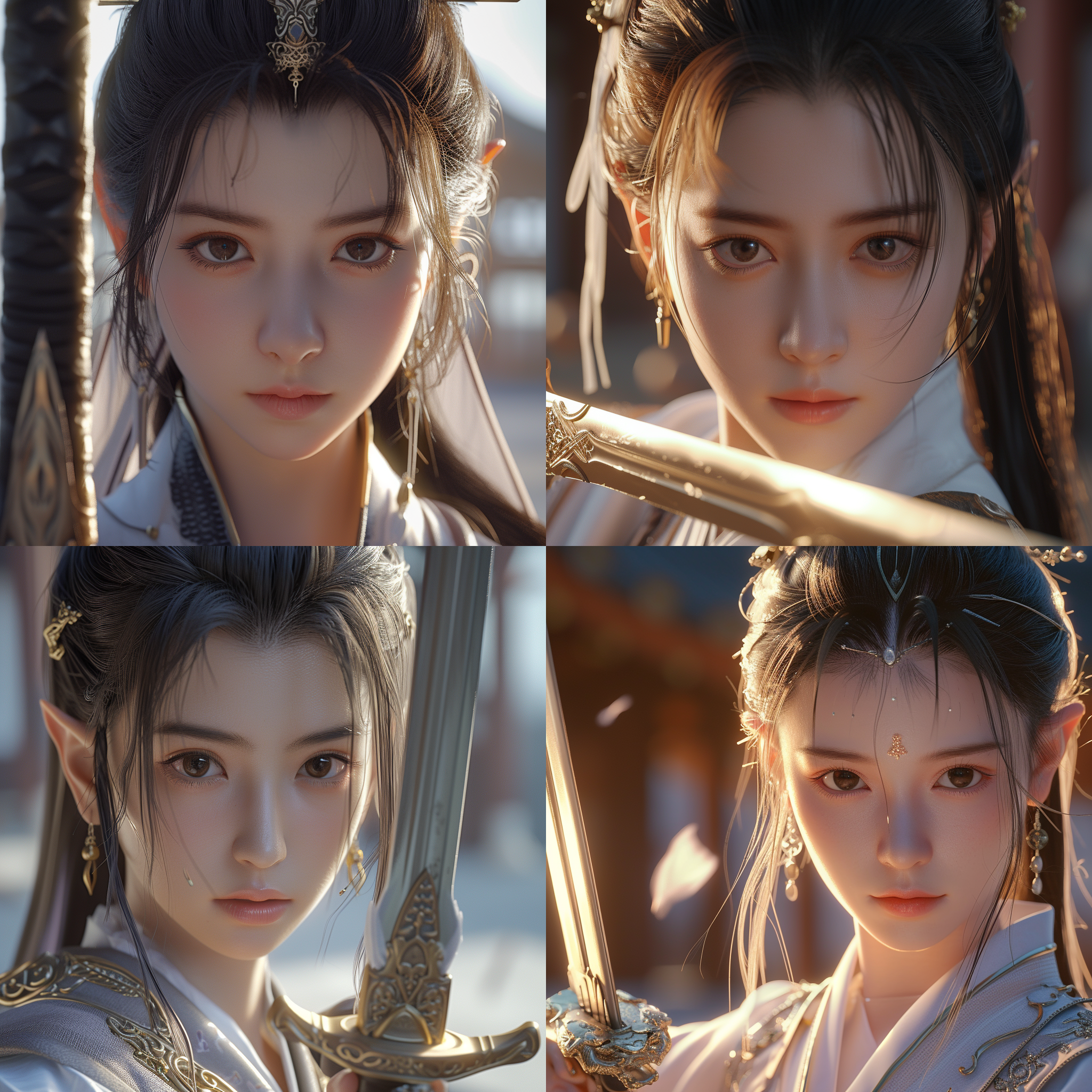 赵灵儿在仙侠学院广场练剑，美丽动人的面容，古灵精怪的气质。人物特写，使用虚幻引擎和数字渲染，呈现出超级逼真的效果。照片采用32k、uhd分辨率，使用莱卡镜头拍摄。光线明亮，配合仙侠风格的服装，呈现出神秘而华丽的场景。