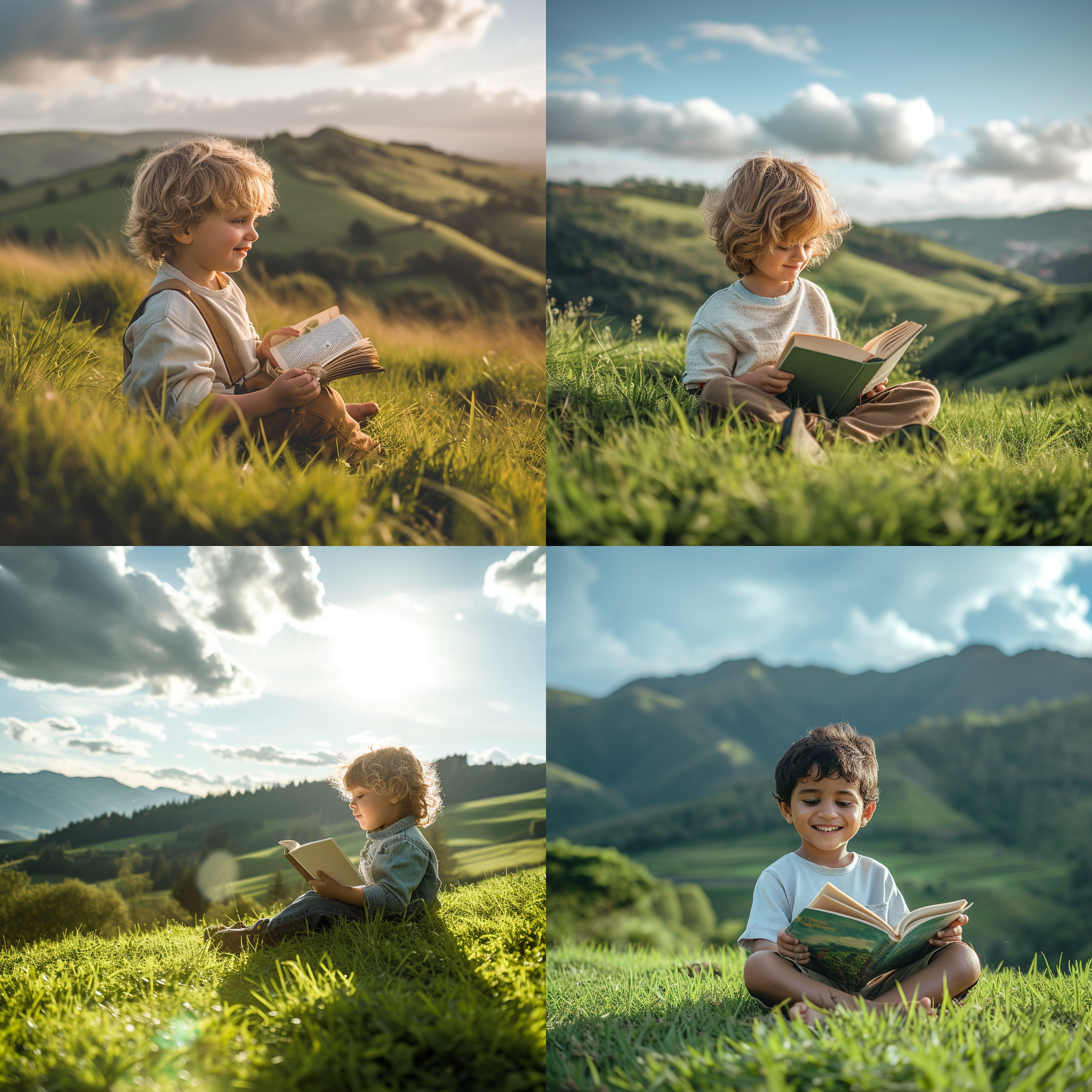 一个孩子坐在乡村的草地上，手里拿着一本书，面带微笑。周围是绿色的山丘和蓝天白云。光线柔和，给人一种温暖和宁静的感觉。孩子身穿简单的衣物，头发飘逸。 治愈，乡村，孩子，科技，自然光，柔光，广角镜头，开放构图，大气，轻松，宁静，快门速度快。