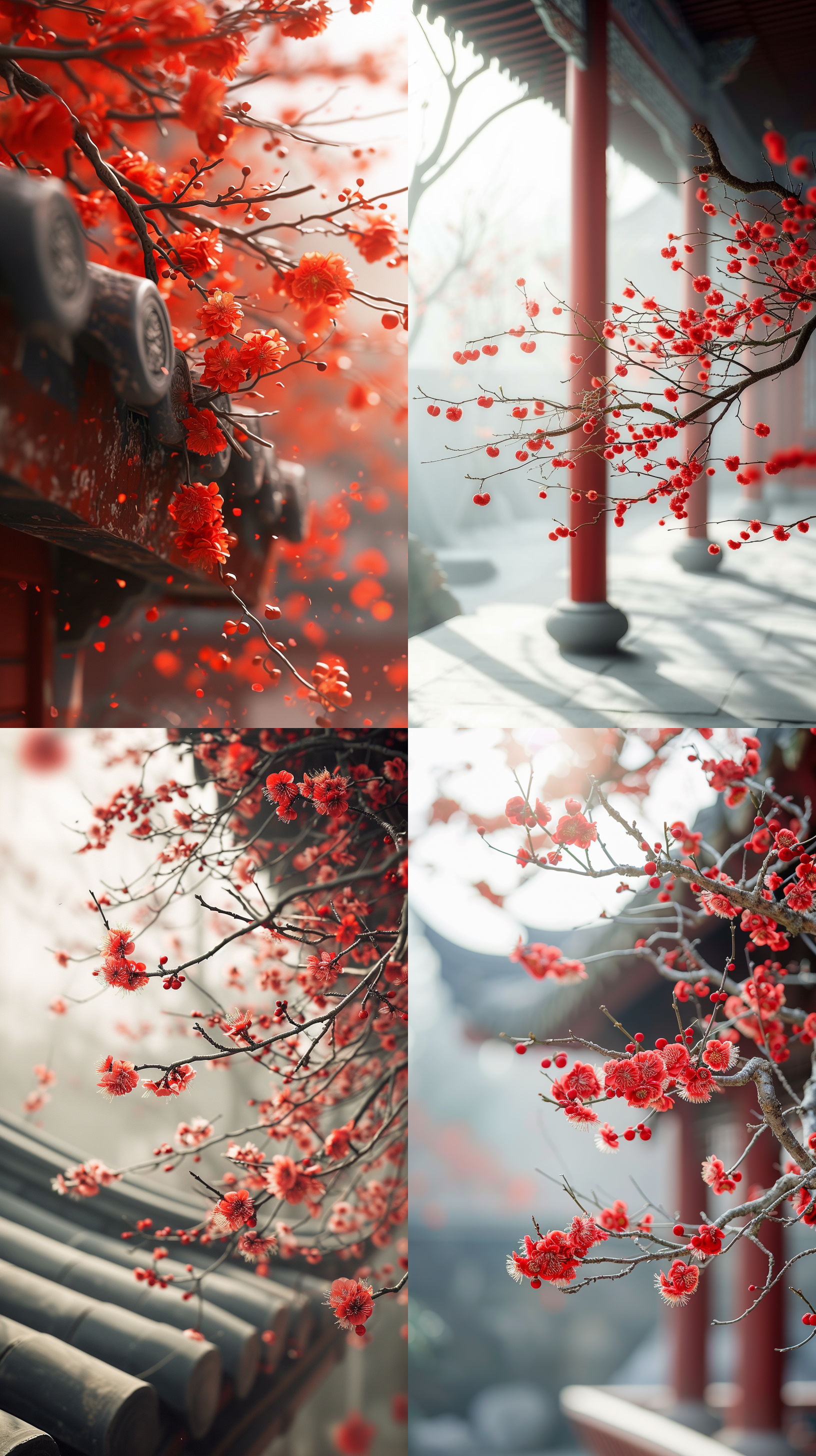 一支红杏出墙来，中式屋檐特写，春天的气息，写实， 全景 虚化 长焦拍摄 镜头光晕 电影灯光 古代中式