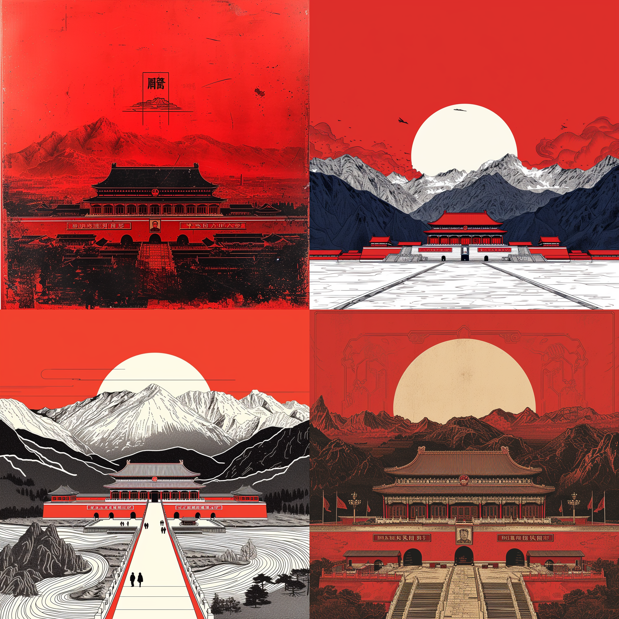 中国风景封面，浓密的黑白线条勾勒出山川河流，人民英雄纪念碑，天安门广场，顶部呈现红色背景，强烈的色彩对比，构图对称平衡，环境光线柔和，细节清晰锐利，传达庄严肃穆之感。中国风，山水画风格，宽镜头，明亮色调，庄重肃穆，国家荣誉，底蕴深厚。