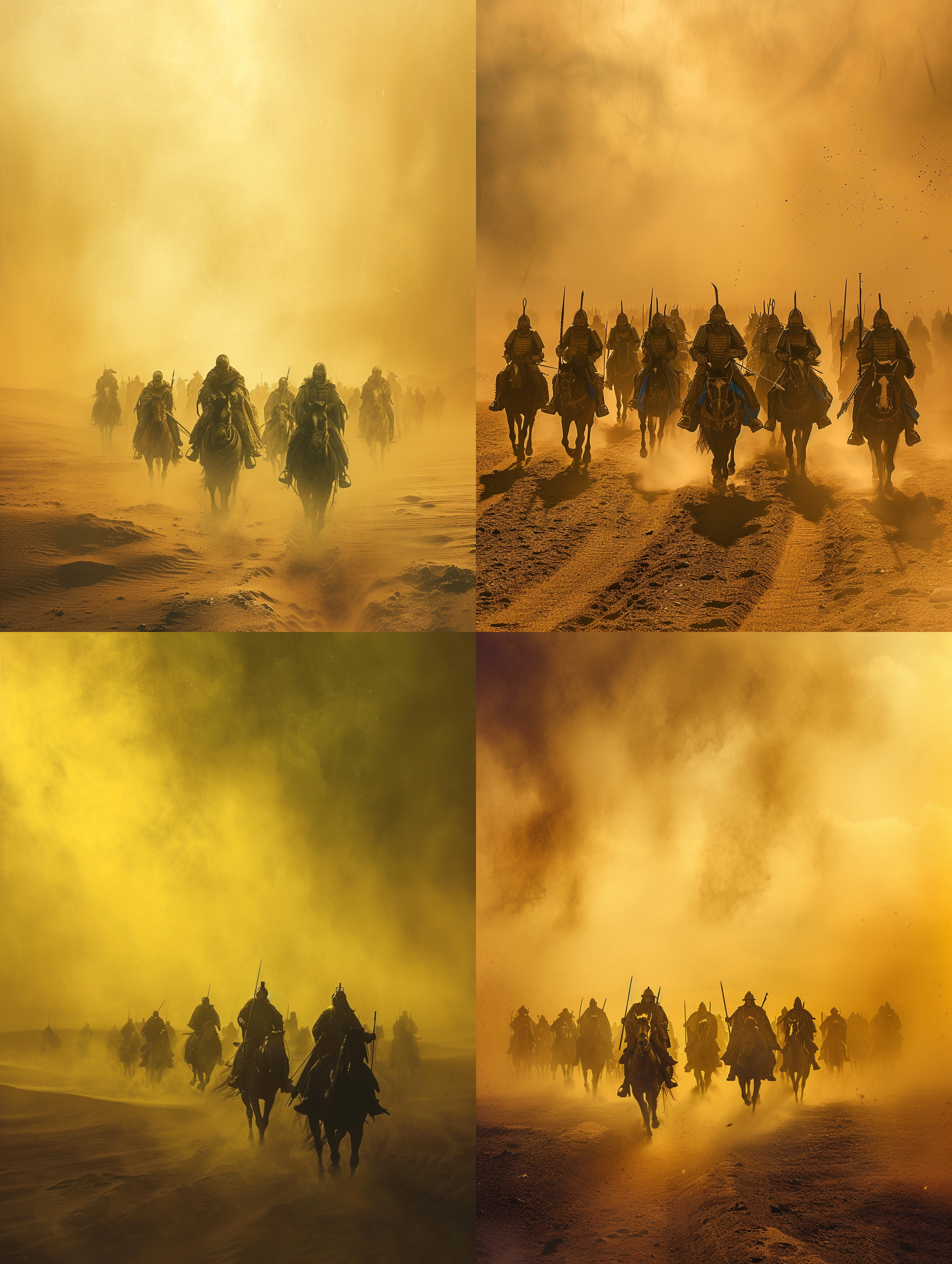 戈壁沙漠战场，天空雾蒙蒙，黄沙漫天，光线穿过沙暴，地面尘土飞扬，光线穿透地面和沙尘，士兵们一字排开，骑着马，穿着盔甲，拿着青铜剑，战斗胶片镜头，大广角，留白，平面色彩厚实，粗糙的场景充满严肃的气，压力，心情，空旷，遥远，画风岩彩板绘画，摄影，超画质，高细节，16k，高分辨率，大气，超现实主义，幻想 电影风格 废墟 电影灯光 自然照明 黑光 吕克贝松 吴宇森