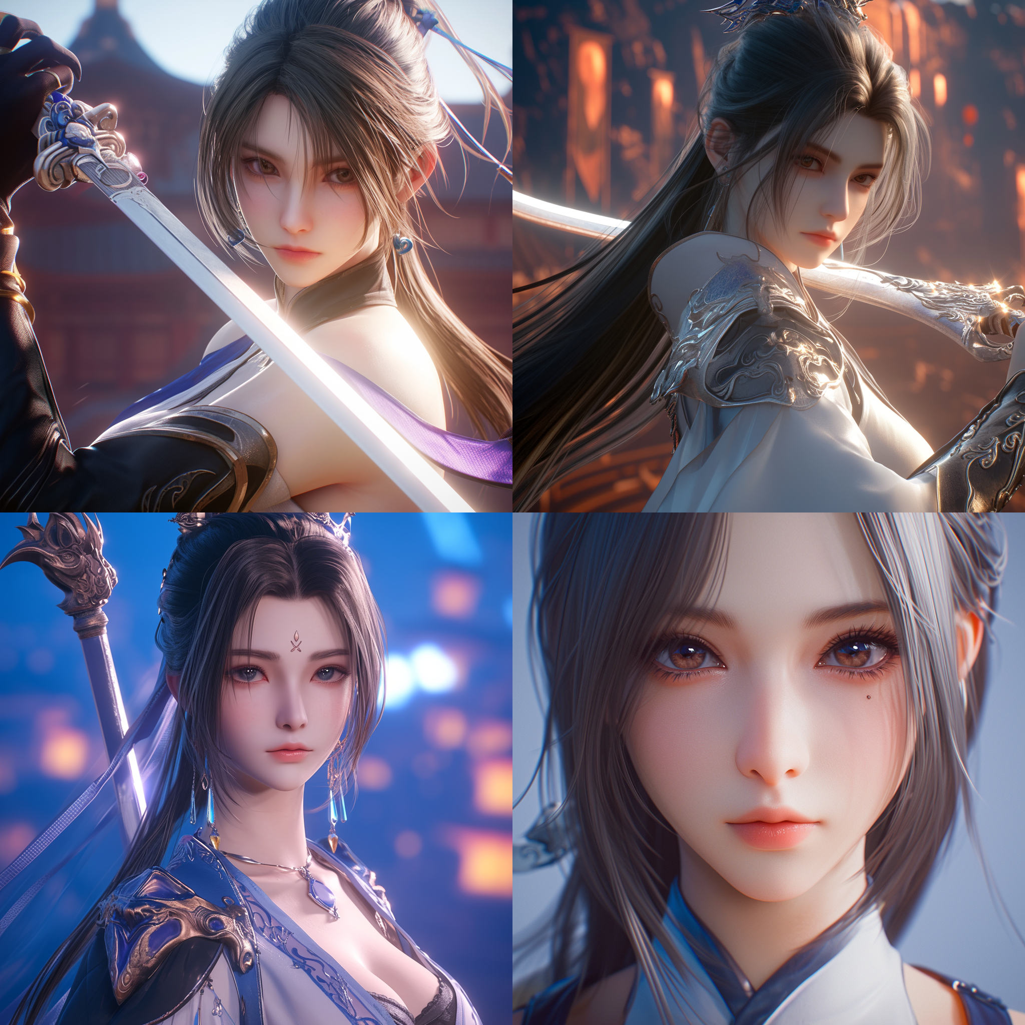 赵灵儿在仙侠学院广场练剑，面容美丽动人，气质古灵精怪。特写镜头，虚幻引擎和数字渲染，超级逼真效果。32k、uhd分辨率，莱卡镜头。明亮光线，仙侠风格服装，神秘华丽场景。人物特写，美丽面容，古灵精怪气质。特写，虚幻引擎，数字渲染，32k，uhd，莱卡镜头，明亮光线，仙侠风格，神秘华丽。