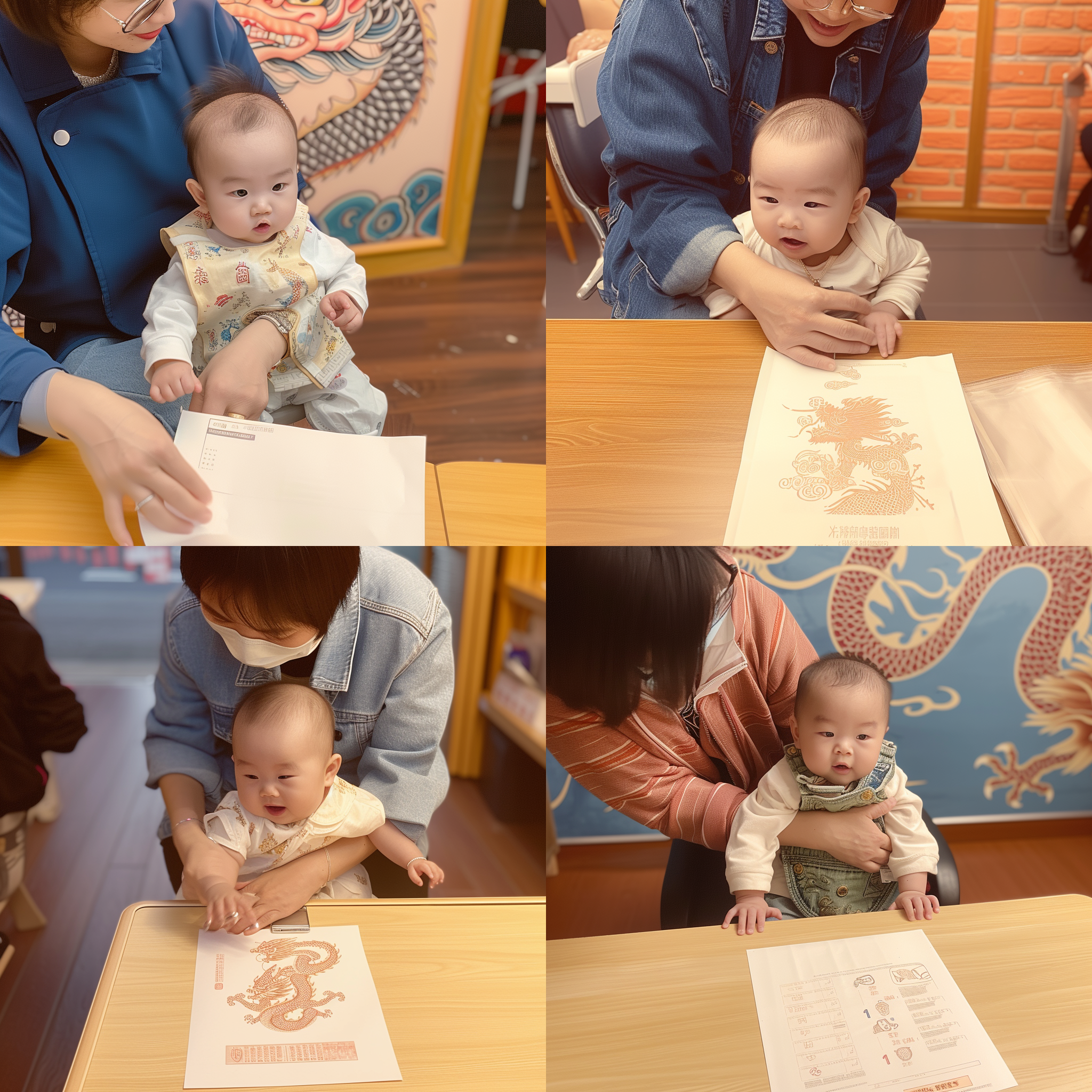 可爱宝宝骑超酷摩托车，背景是招财中国龙，色彩丰富，古风摄影，环境唐代街道，长焦镜头，逆光，高速快门，飞驰，兴奋。