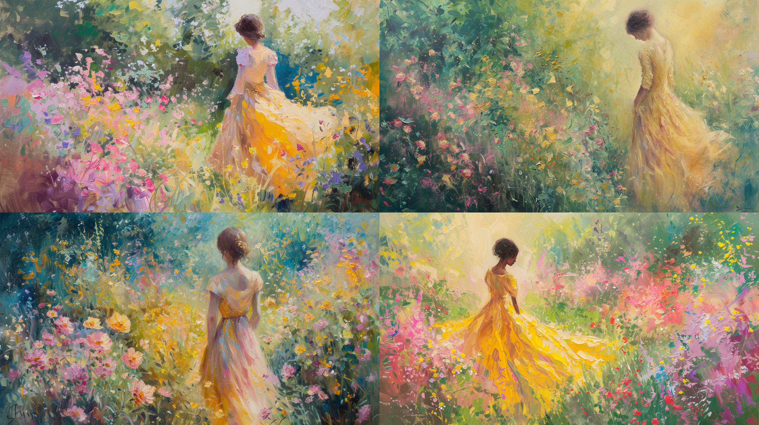 ultra-fine painting, a woman in a dress of golden yellow and pink, in the style of impressionism, a garden full of flowers, pastel colors, light and shadows,