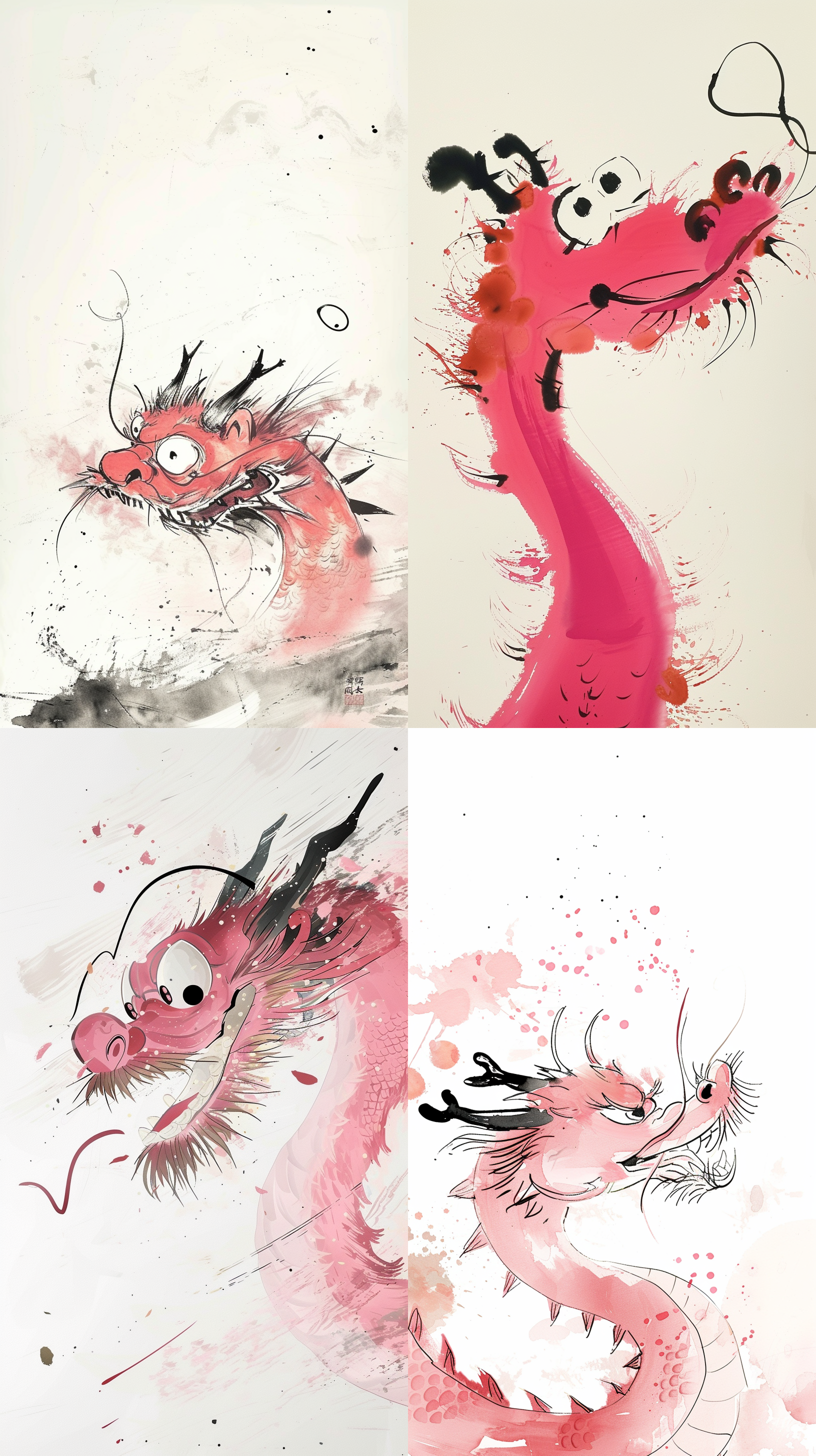 吴冠中绘制的，中国龙动画，非常可爱的龙，卡通，有趣又愚蠢，前视图，粉色色，特写头，水墨意境，抽象简单的线条，极简注意，毕加索，高级配色，白色背景，18k，插画风格 