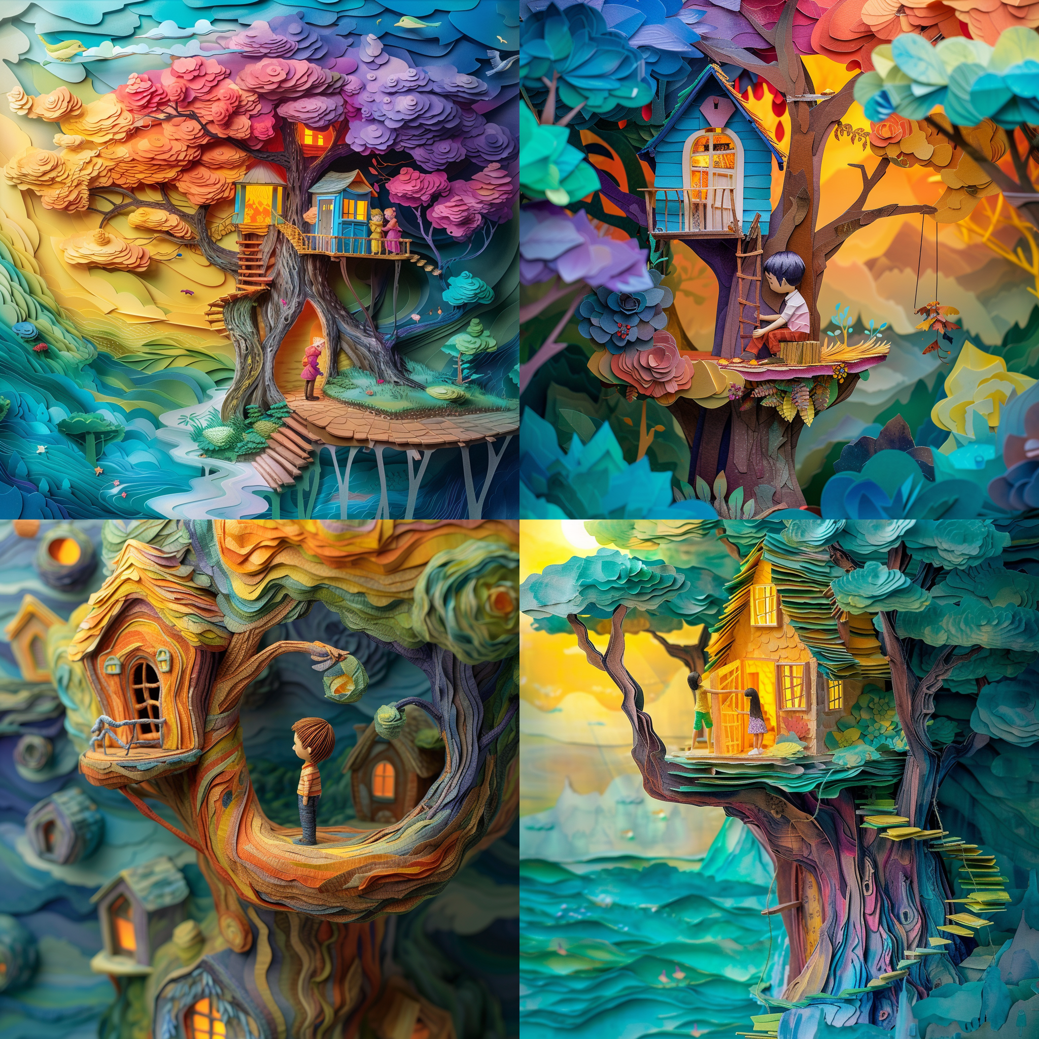 平面插画艺术作品，航拍摄影，一个充满梦幻和童话的世界，五彩纸雕艺术作品展览在室内画廊内，以空灵的树木风格呈现，涂鸦速绘，朱莉娅托奇里娜作品，超高清图像，小男孩，树屋，细节，宽高比3:4