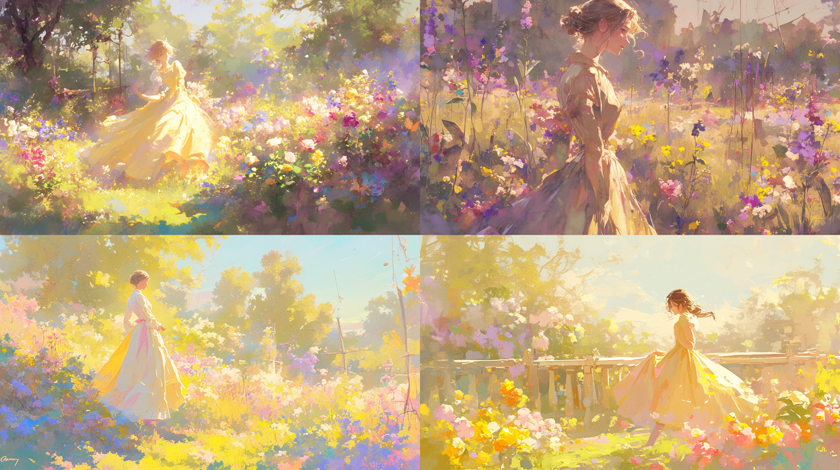 ultra-fine painting, a woman in a dress of golden yellow and pink, in the style of impressionism, a garden full of flowers, pastel colors, light and shadows,