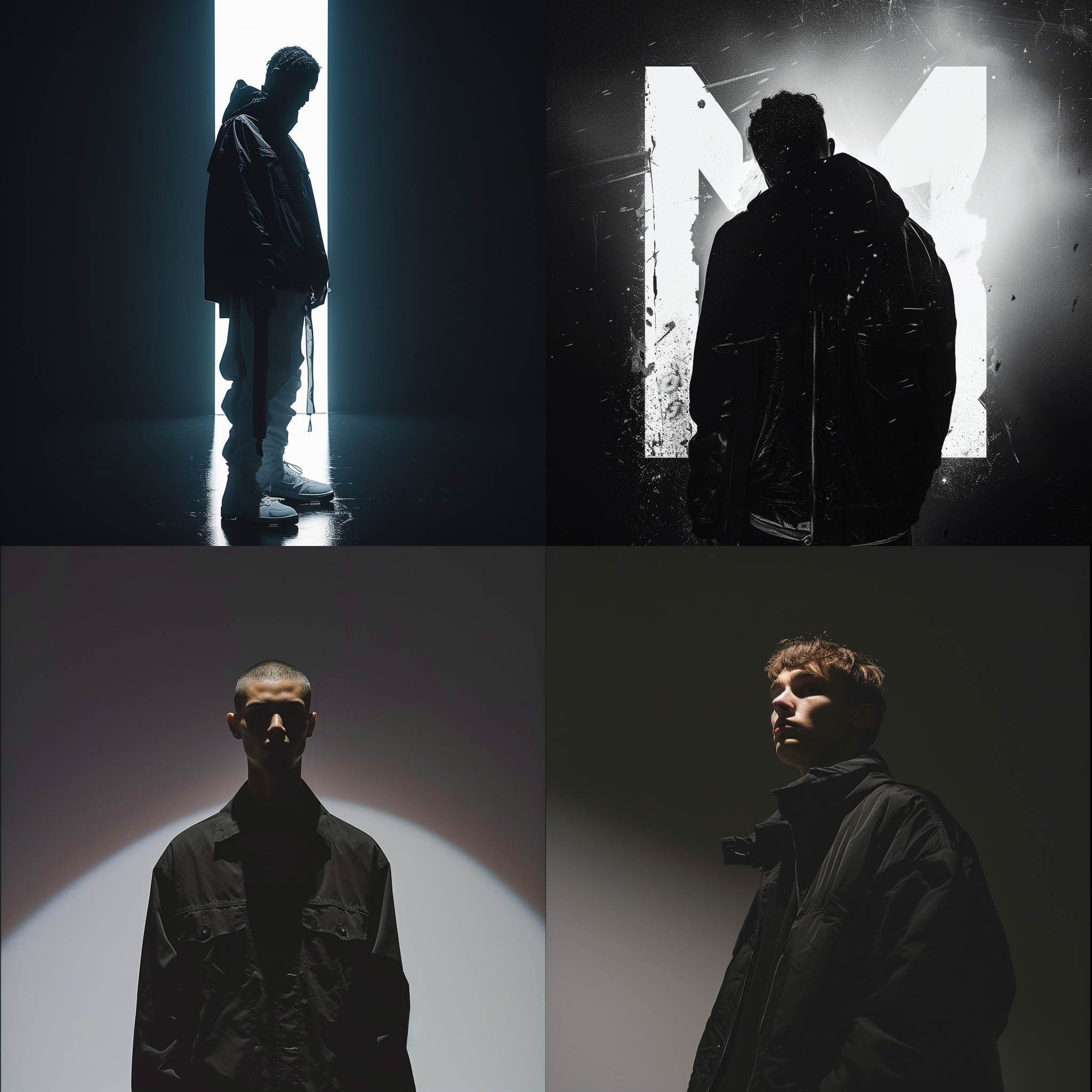 a man standing in the dark with a black jacket on and a white background with a text that reads laxz, a poster, lyco art, dynamic lighting, adrian zingg