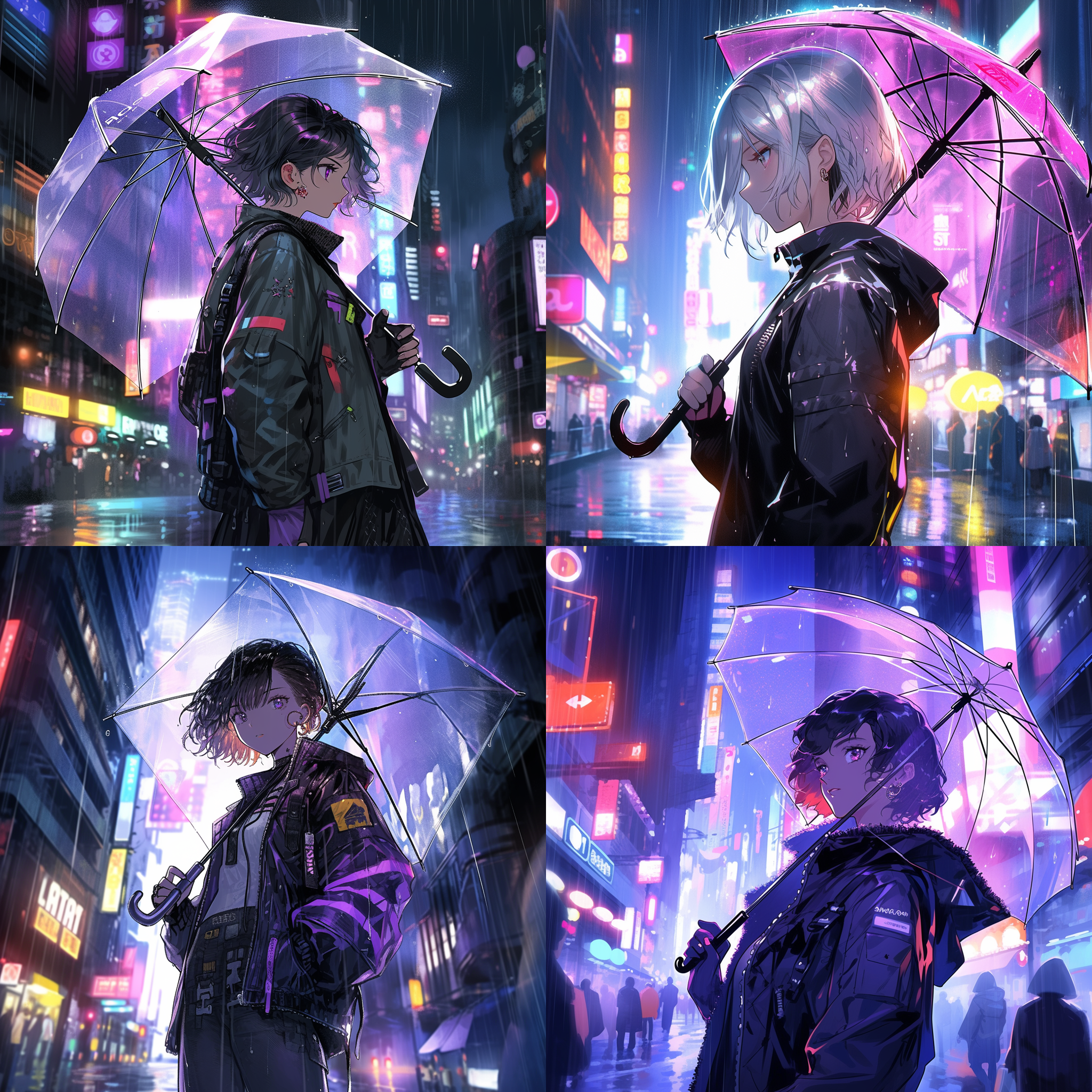 赛博朋克都市女孩，短发，押井守画风，细节丰富。广角镜头，夜晚城市街道，霓虹灯映照下的高楼大厦，紫色和蓝色的主色调，女孩穿着黑色皮革外套和皮裤，手持透明雨伞，表情冷漠，凝视远方。
