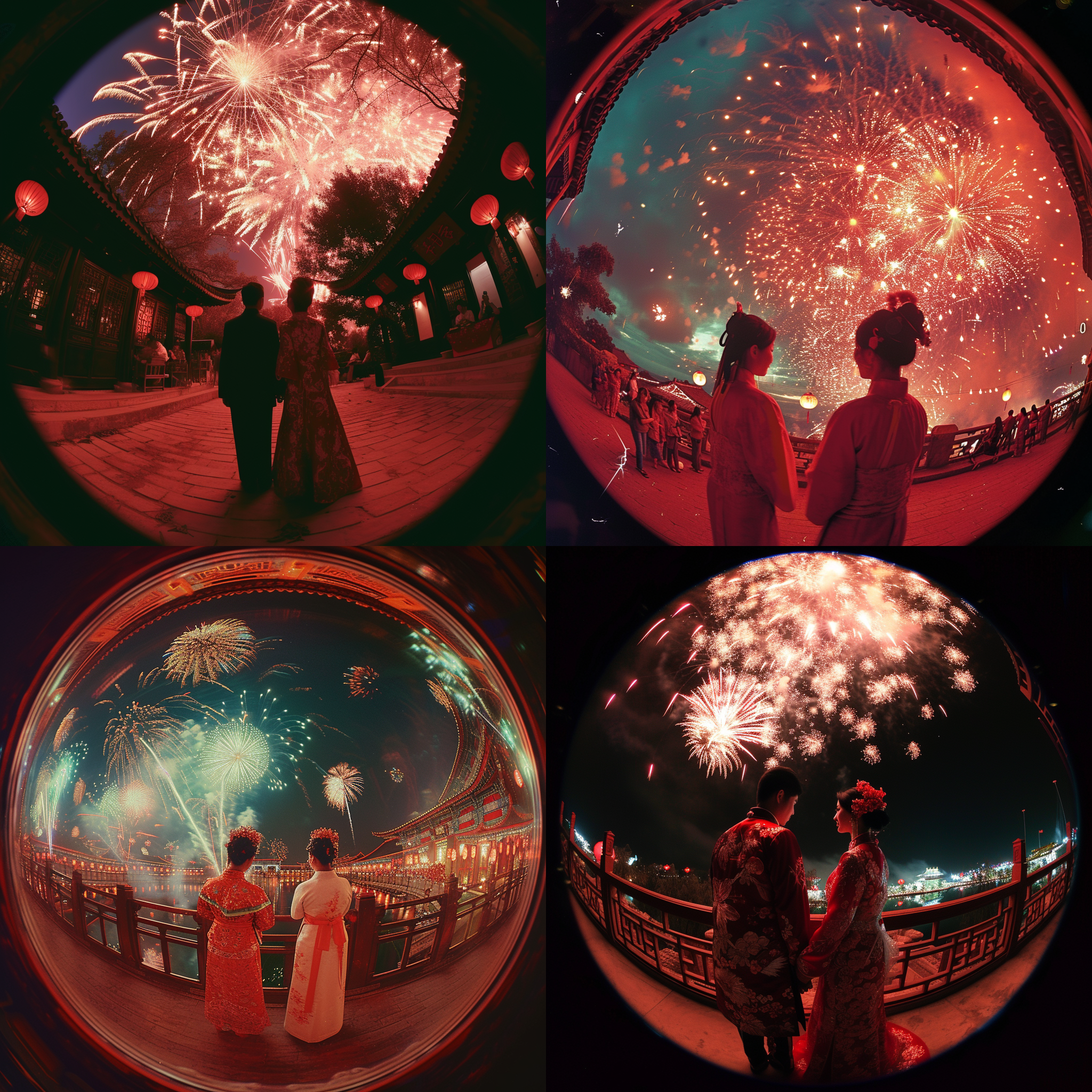 小年团聚，汉服，红色，鱼眼镜头，喜庆，烟花，快乐，团聚，浪漫，祝福。