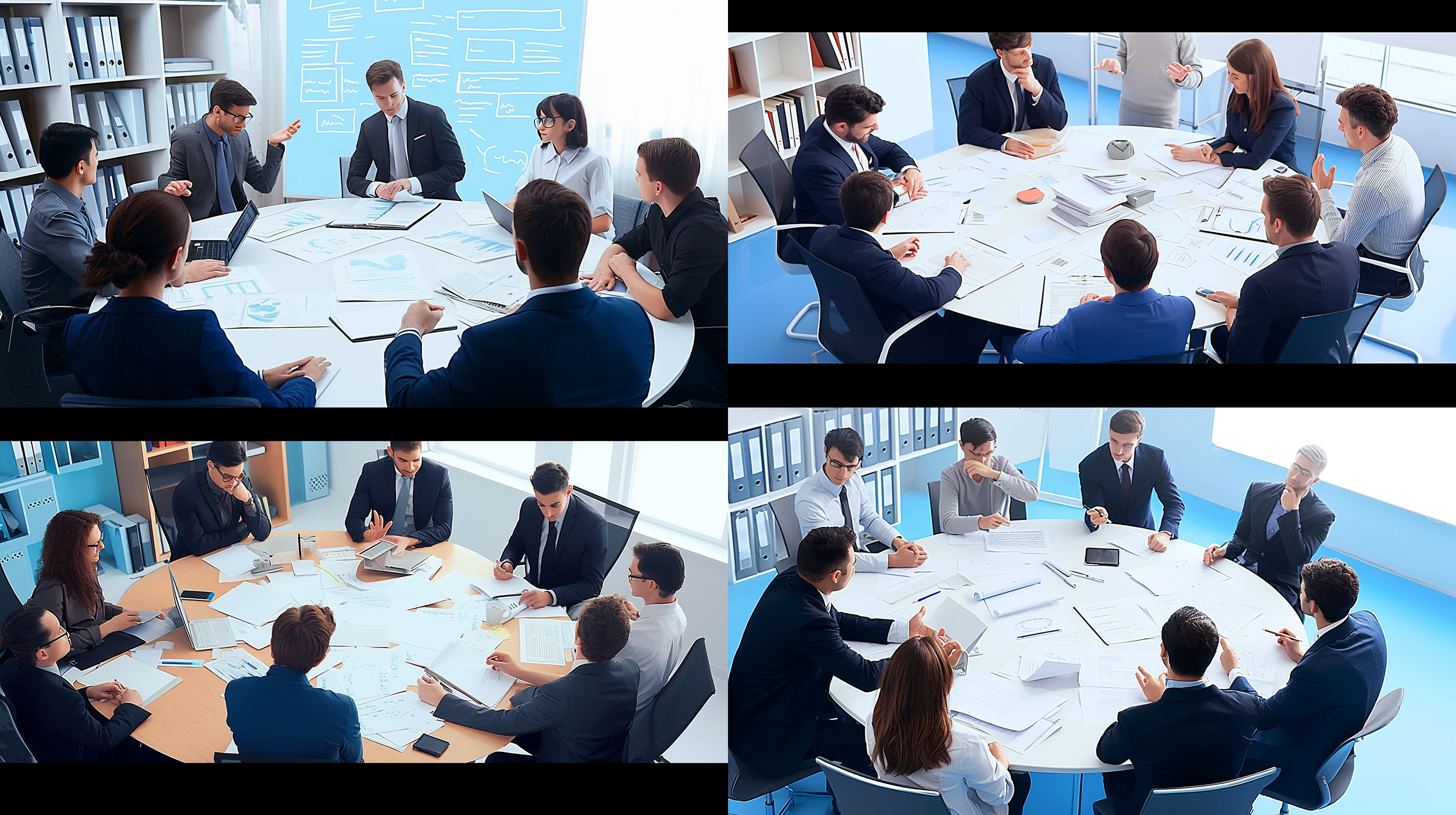 卡通人物，办公室内圆桌会议，人物围绕圆桌坐成环形，焦点在中间，背景有书架和白板，使用广角镜头，明亮的照明，人物手势生动，表情认真，蓝色调，合作，创造力，思考。