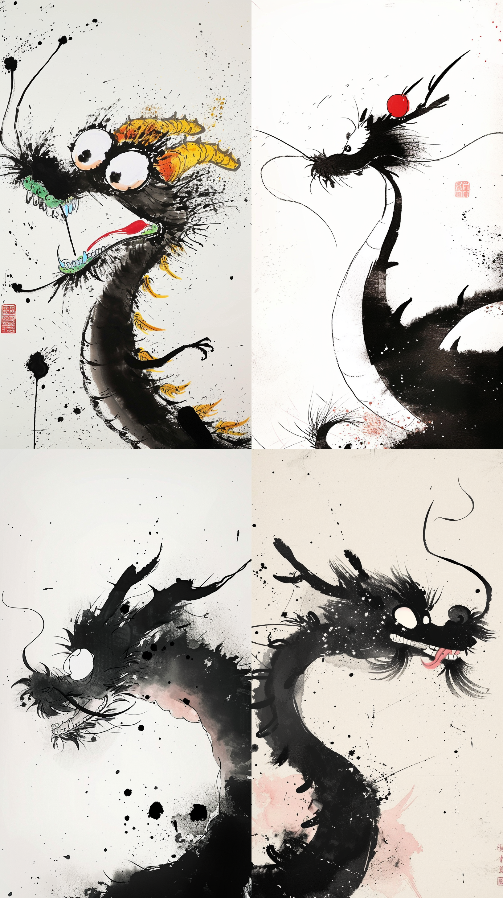 吴冠中绘制的，中国龙动画，非常可爱的龙，卡通，有趣又愚蠢，前视图，黑色，特写头，水墨意境，抽象简单的线条，极简注意，毕加索，高级配色，白色背景，18k，插画风格