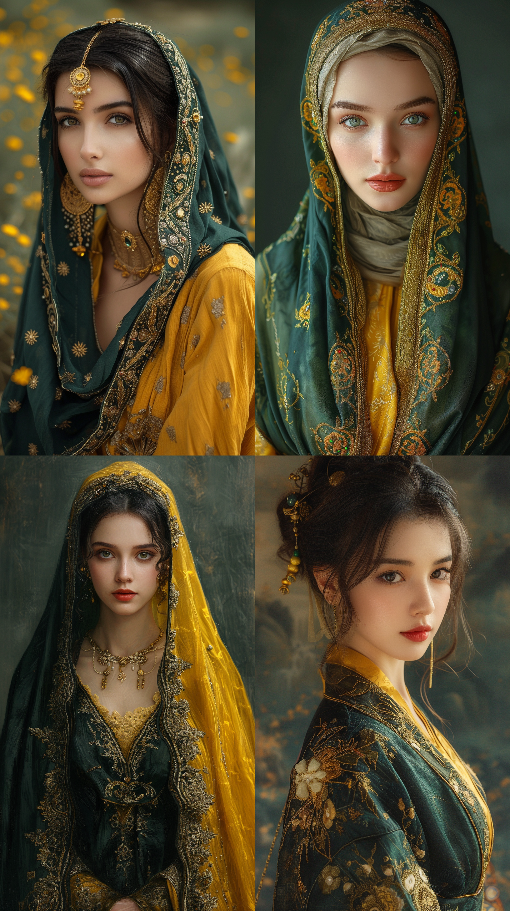 一位东方女性穿着传统服装，深绿色和黄色，精致的肖像，对历史事件的浪漫描绘