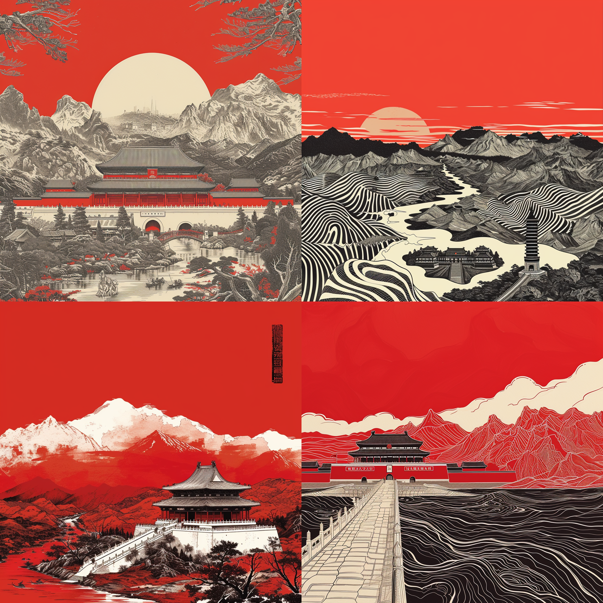 中国风景封面，浓密的黑白线条勾勒出山川河流，人民英雄纪念碑，天安门广场，顶部呈现红色背景，强烈的色彩对比，构图对称平衡，环境光线柔和，细节清晰锐利，传达庄严肃穆之感。中国风，山水画风格，宽镜头，明亮色调，庄重肃穆，国家荣誉，底蕴深厚。