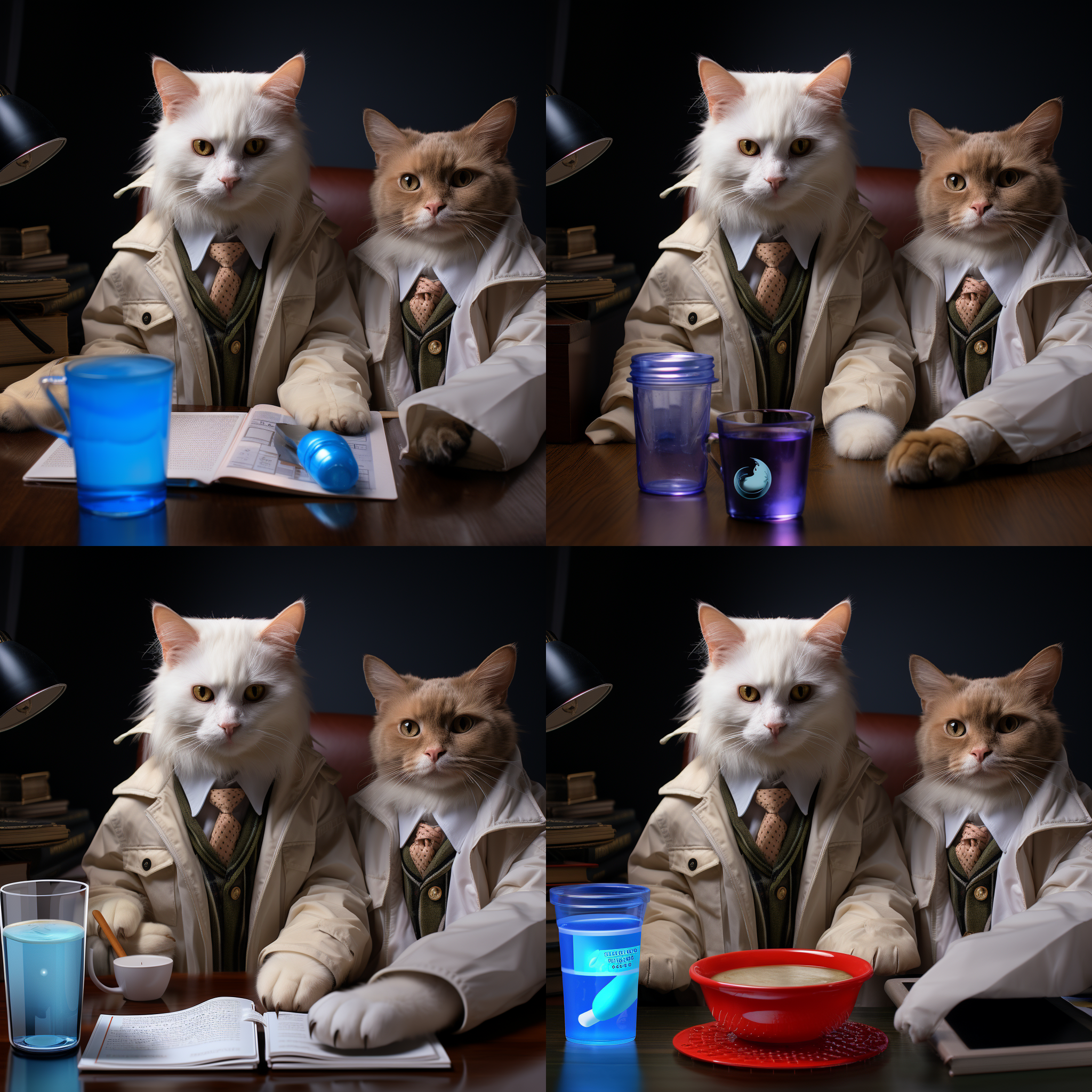 猫咪写作业，拟人化，穿着衣服，书堆，痛苦表情，室内环境，温暖色调，广角镜头，侧光，专注，困惑。 超现实主义 家庭办公室 半身 正视 白绿 路易威登