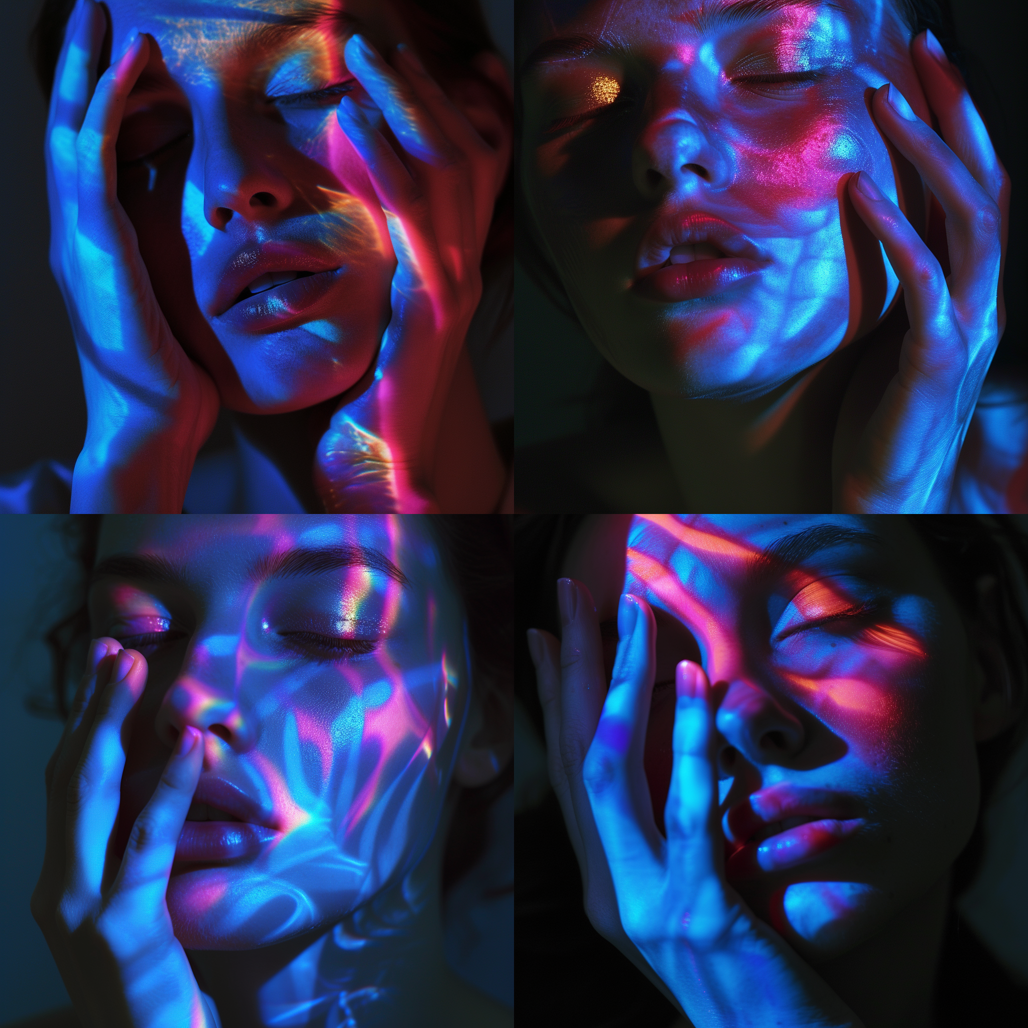 a woman with blue and pink light on her face and hands, with her hand on her face, and her hand on her lip, a bronze sculpture, holography, studio lighting, alan sutherland