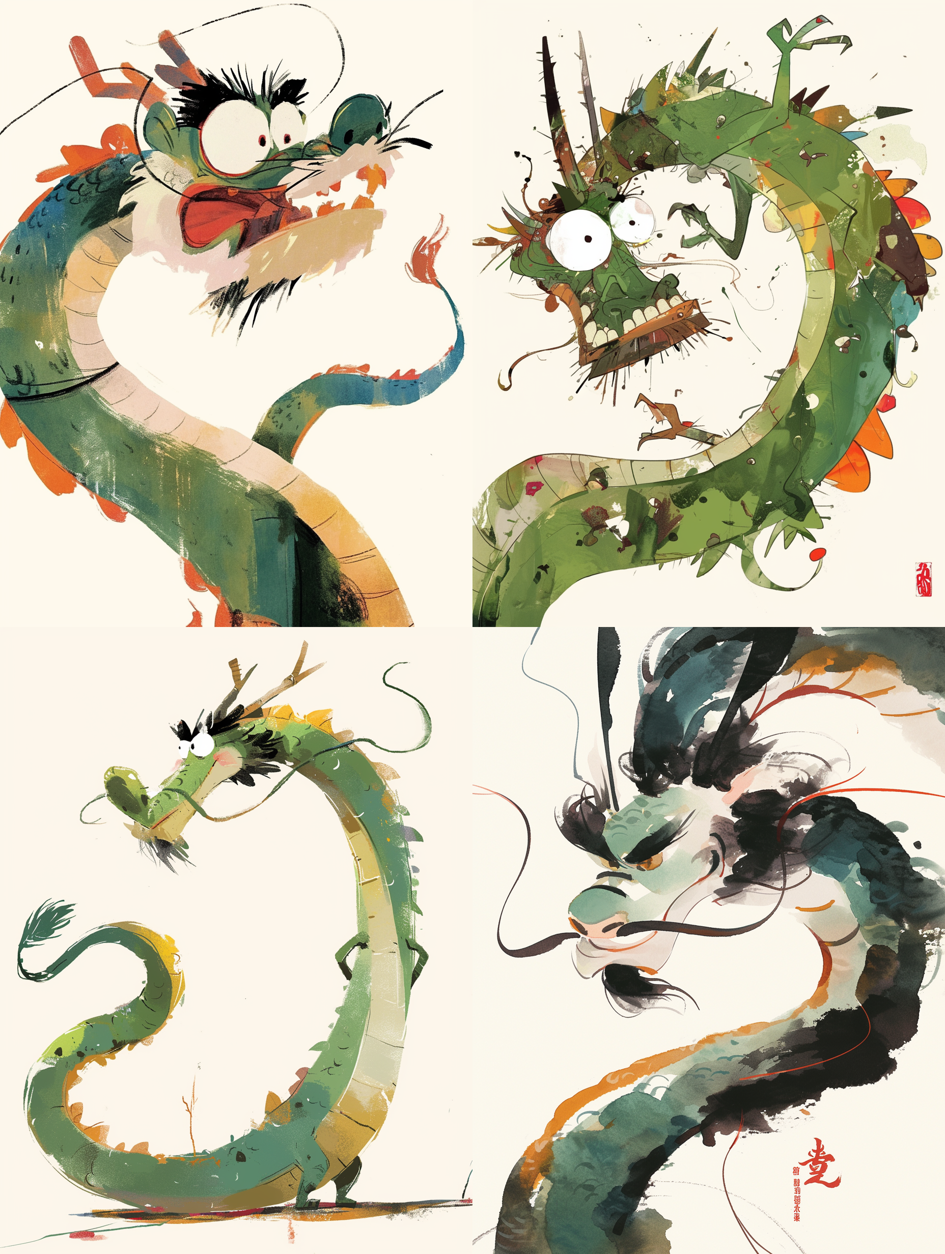 吴冠中绘制的，中国龙动画，非常可爱的龙，卡通，有趣又愚蠢，前视图，绿色，特写头，水墨意境，抽象简单的线条，极简注意，毕加索，高级配色，白色背景，18k，插画风格