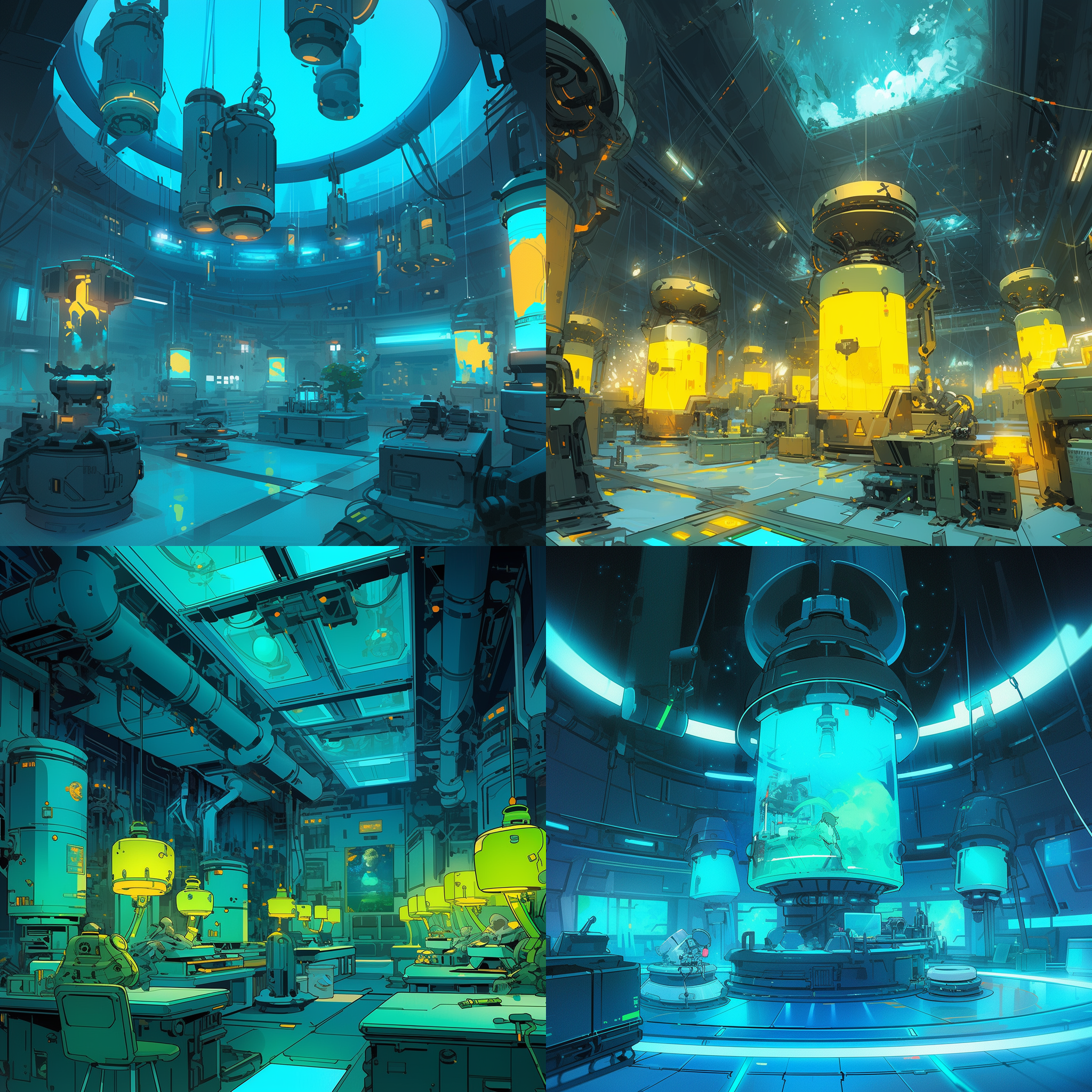 太空实验室，杂乱环境，蒂芙尼蓝色主色调，明黄色点缀色，照明器具，高光，科学家，太空舱，悬浮，专注