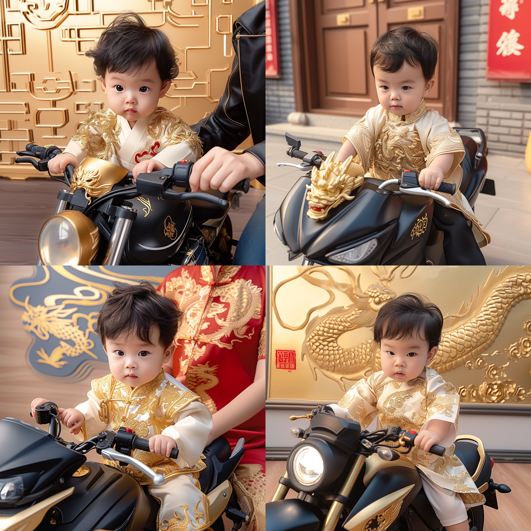 可爱的男孩宝宝，骑着黑色潮酷的摩托机动车，金灿灿的龙，画面金色系，古风摄影。写实，汉服，喜悦