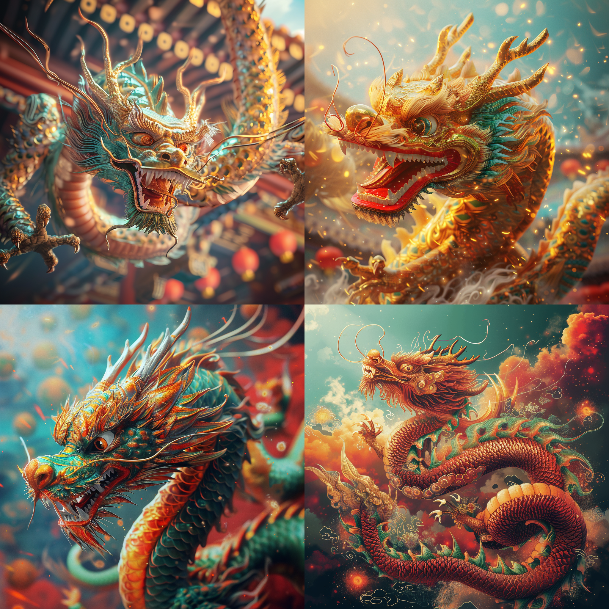 中国龙，古风背景，传统元素装饰，有细节，眼神友善，有喜庆氛围，彩色，高对比度，宽景角，充足侧光，拍摄动作，展翅飞翔，充满力量。