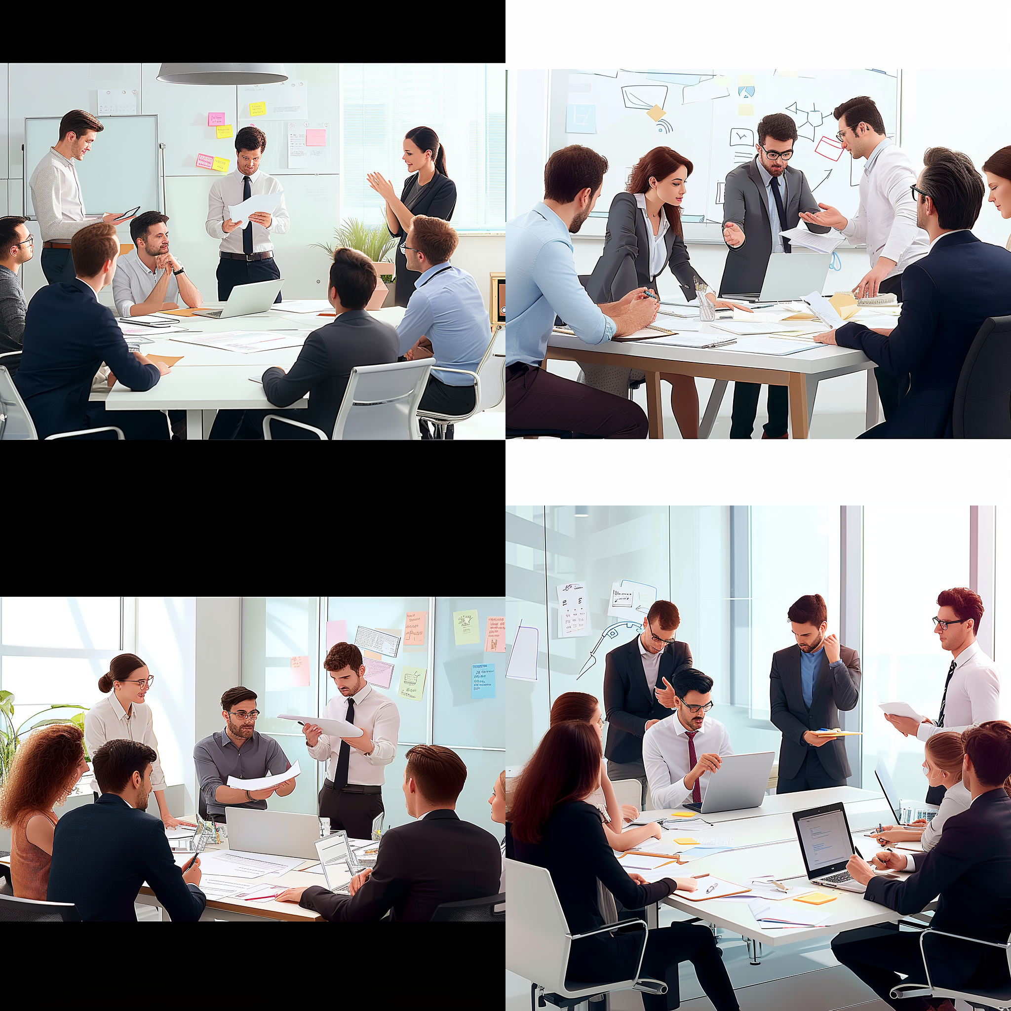 卡通人物在办公室开会讨论，构图对角线布局，明亮的环境，广角镜头，自然光，活泼的动作，多元化的元素，鲜艳的色彩，友好的情绪。