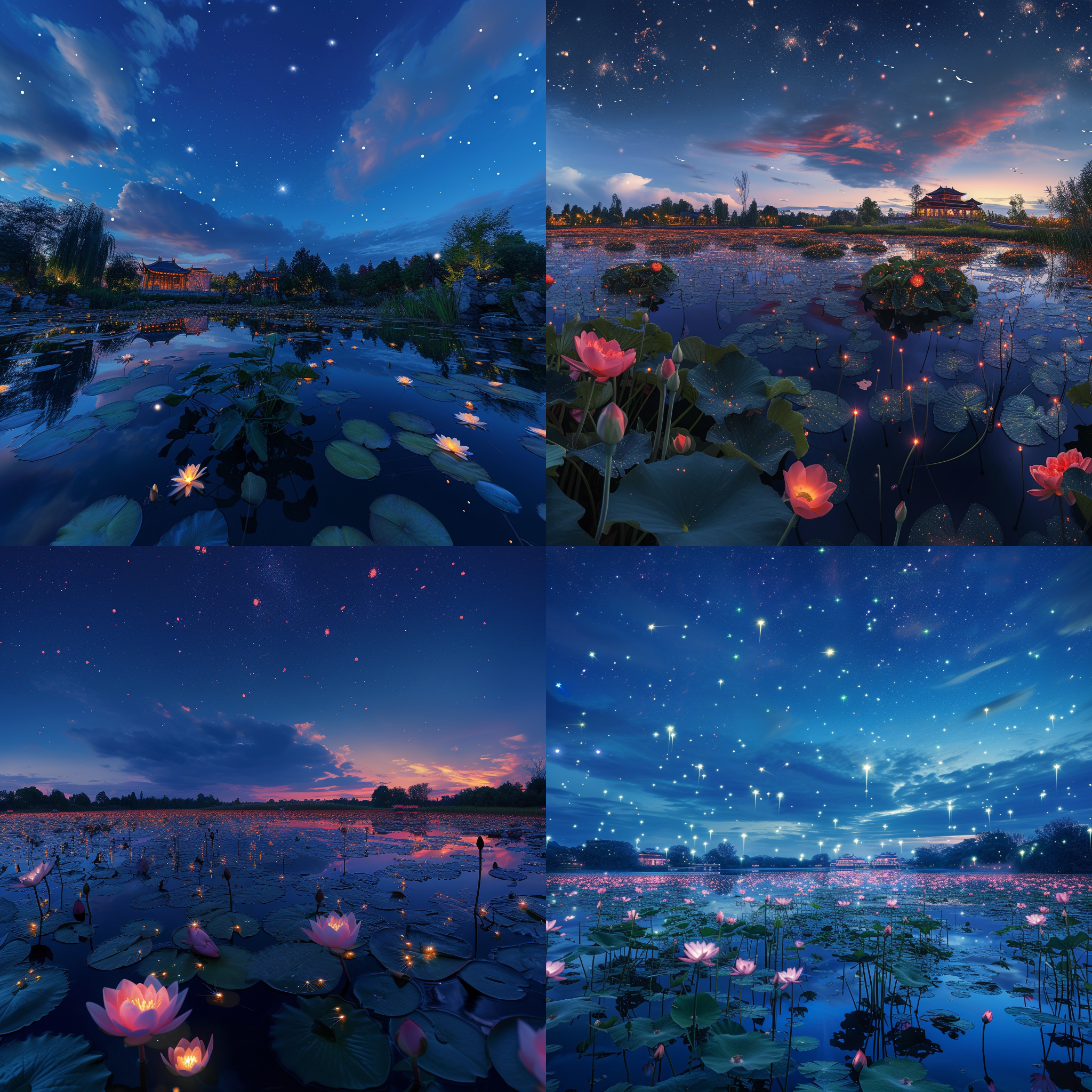 blue rose sky, rose palace, many small fireflies, clear lake surface, many aquatic plants, many meteors, many small luminous particles, live shot, real scene, lifelike, stars 8k, super wide angle, panorama, 3d, ultra-high definition, high pixel, mar adamus hd landscape photography hd