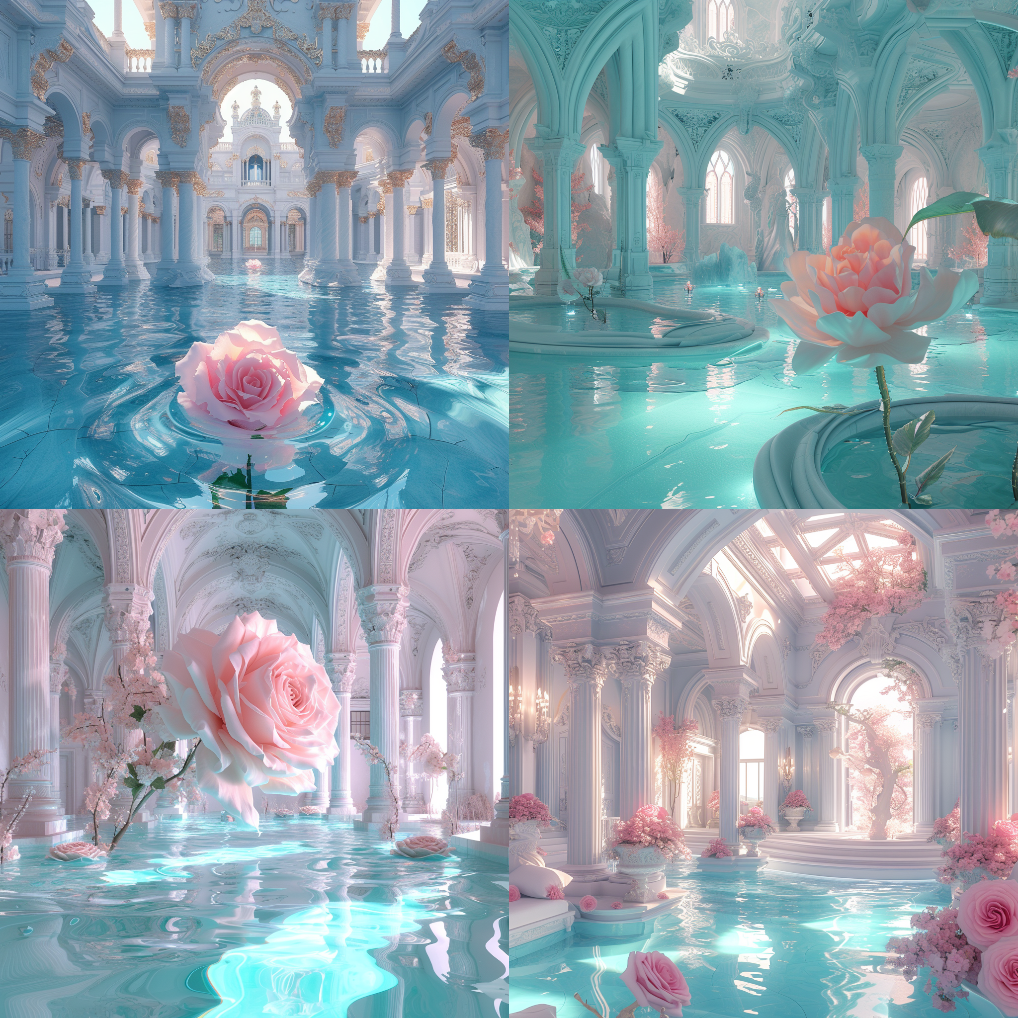 magical palace, heaven, white, tiffany blue, pink, glowing water, pink rose, magic, photorealistic, redshift rendering, cgi, 3d, super detail, photorealistic, 8k, masterpiece, feature artstation , ultra-wide