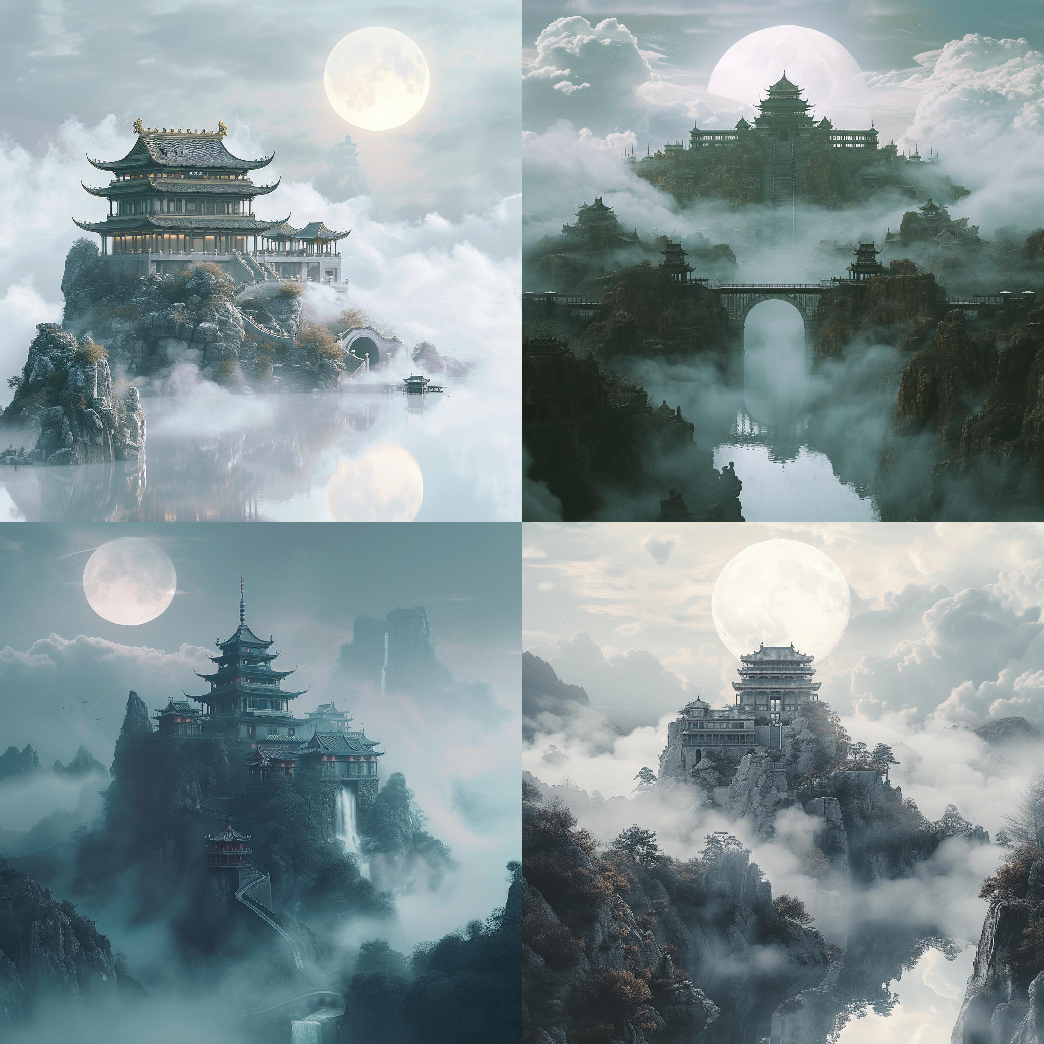 a chinese palace on top of a cloudy mountain,quiet,beautiful,ethereal,the overall tone is white.in the distance there is a palace and a semicircle moon,in the near distance there is a river reflecting the palace. tajmahal.mysterious,fantastic,digital art,unreal scene,8k