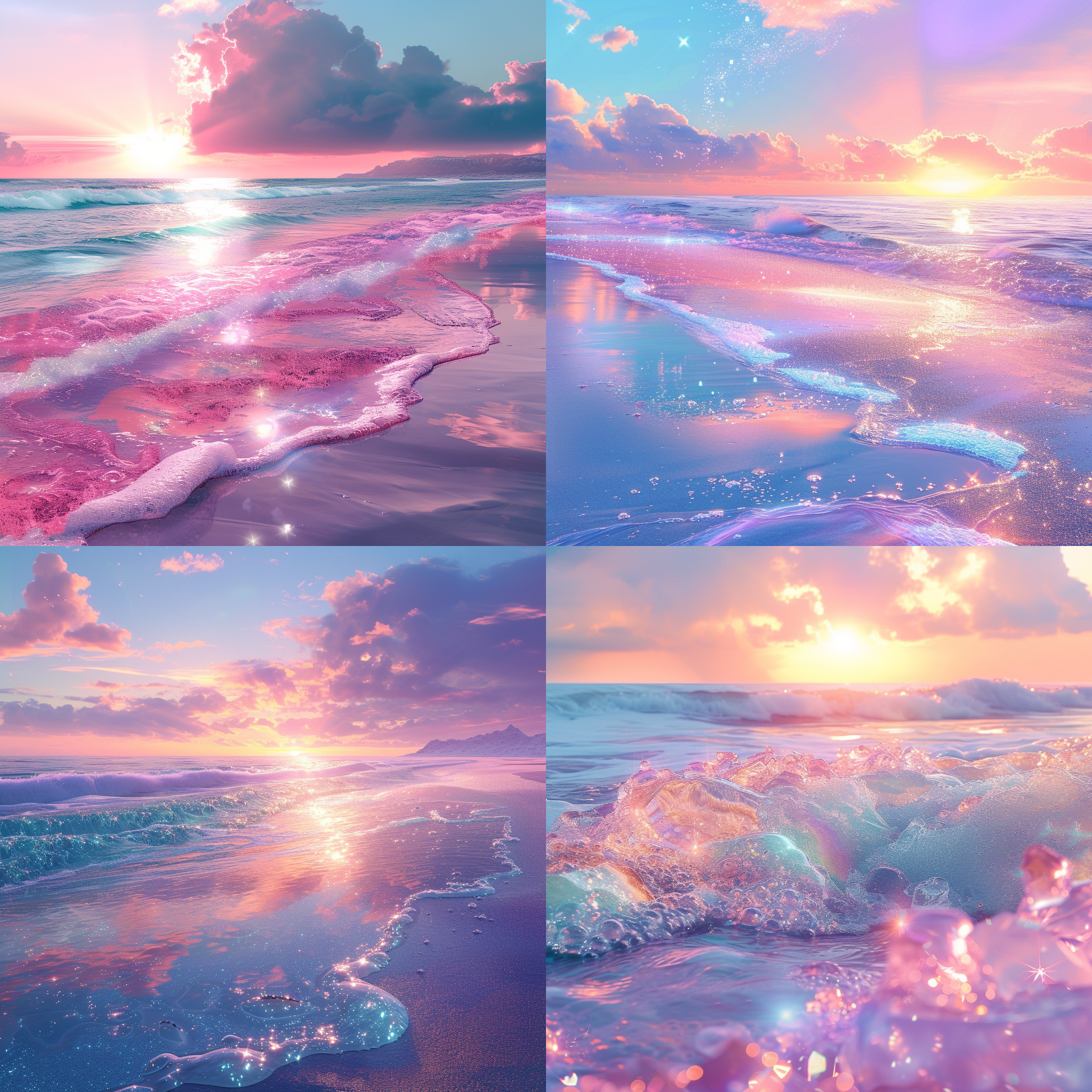 pink sunset on the beach, mermaid shape far away, pastel colors, fantasy palaces appear in the sky, waterfalls appear in the sky, snowstorms fly, and light blue crystals bloom.intricate details, shiny sea, glitter, almost real, beautiful scenery,hd